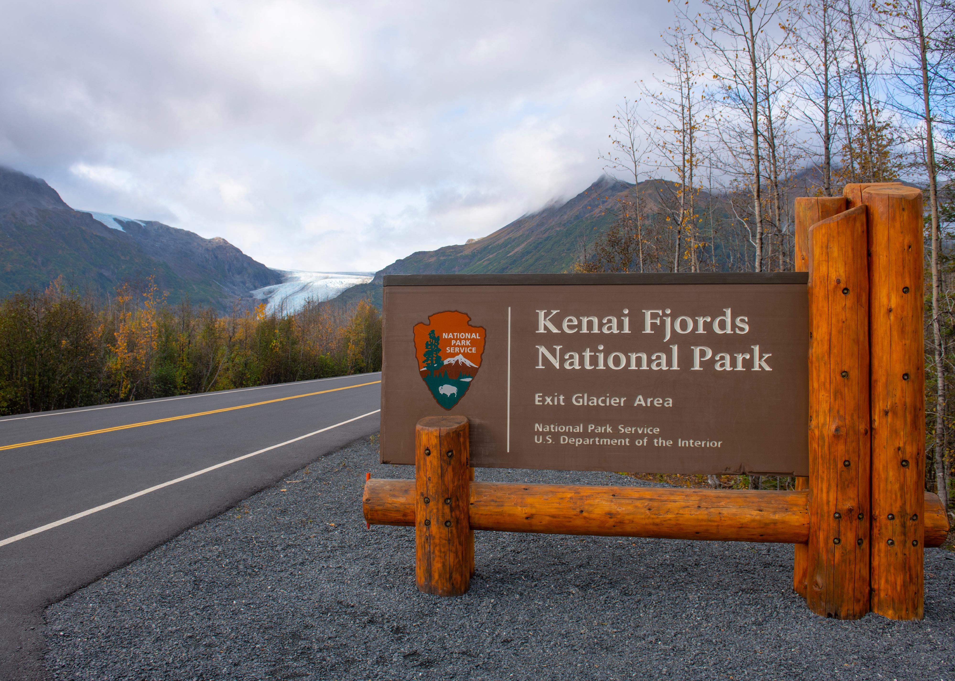 Entrance sign near Exit Glacier in Kenai Fjords National Park.