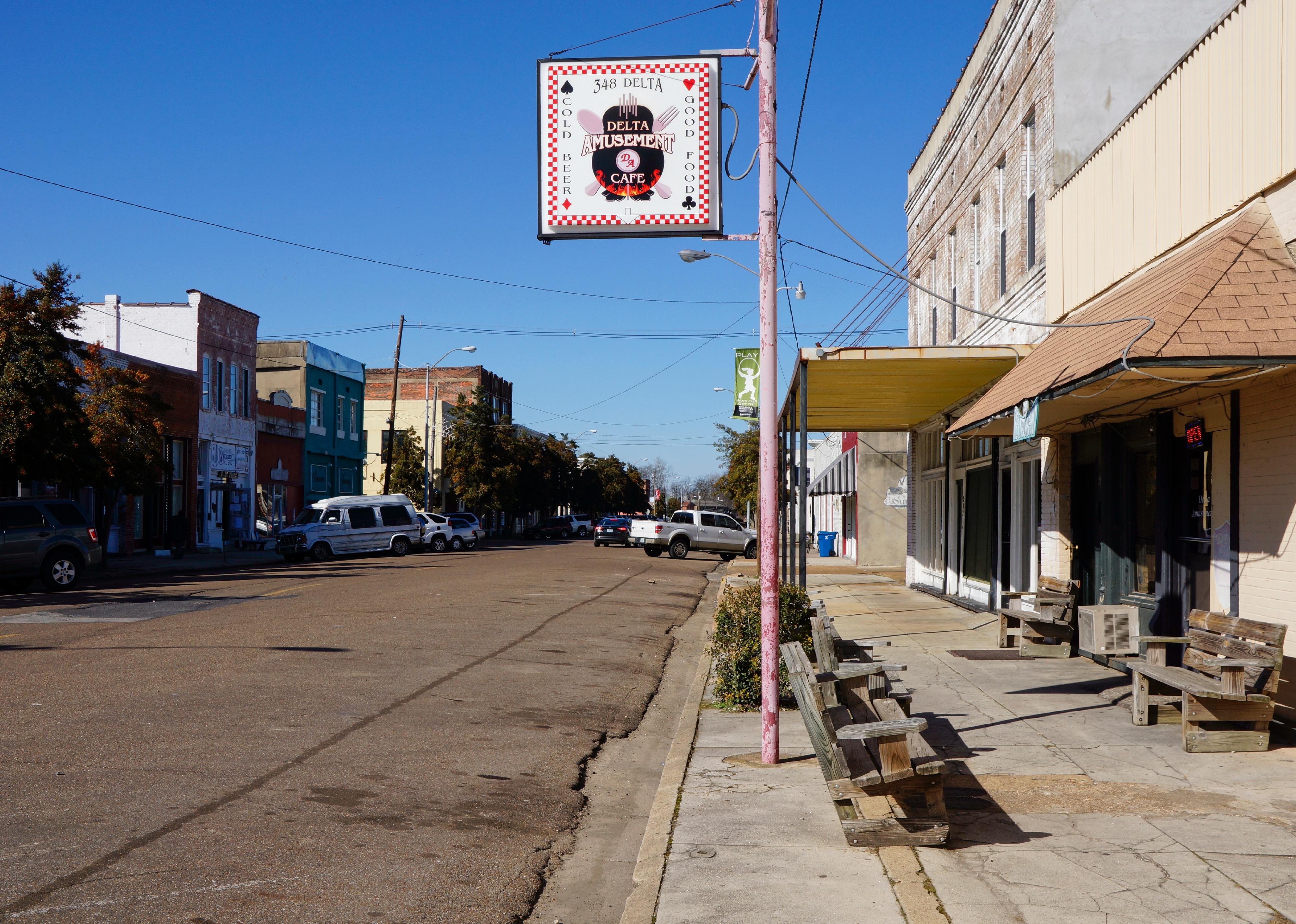 Downtown street in Clarksdale, Mississippi.