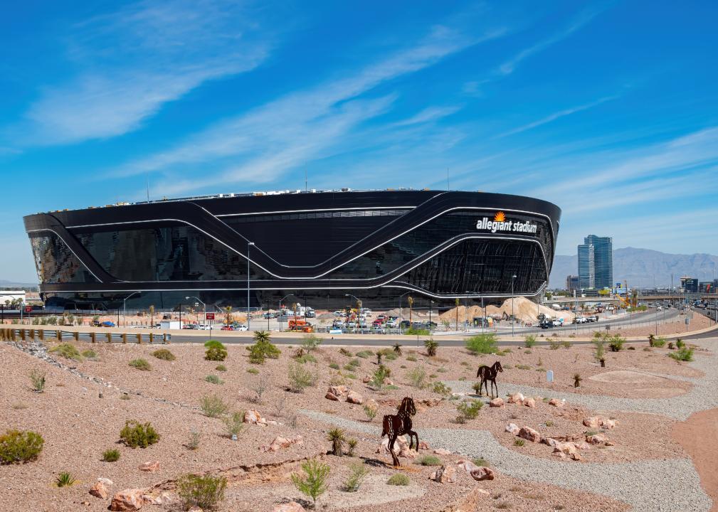  Morning view of the Allegiant Stadium with the strip view