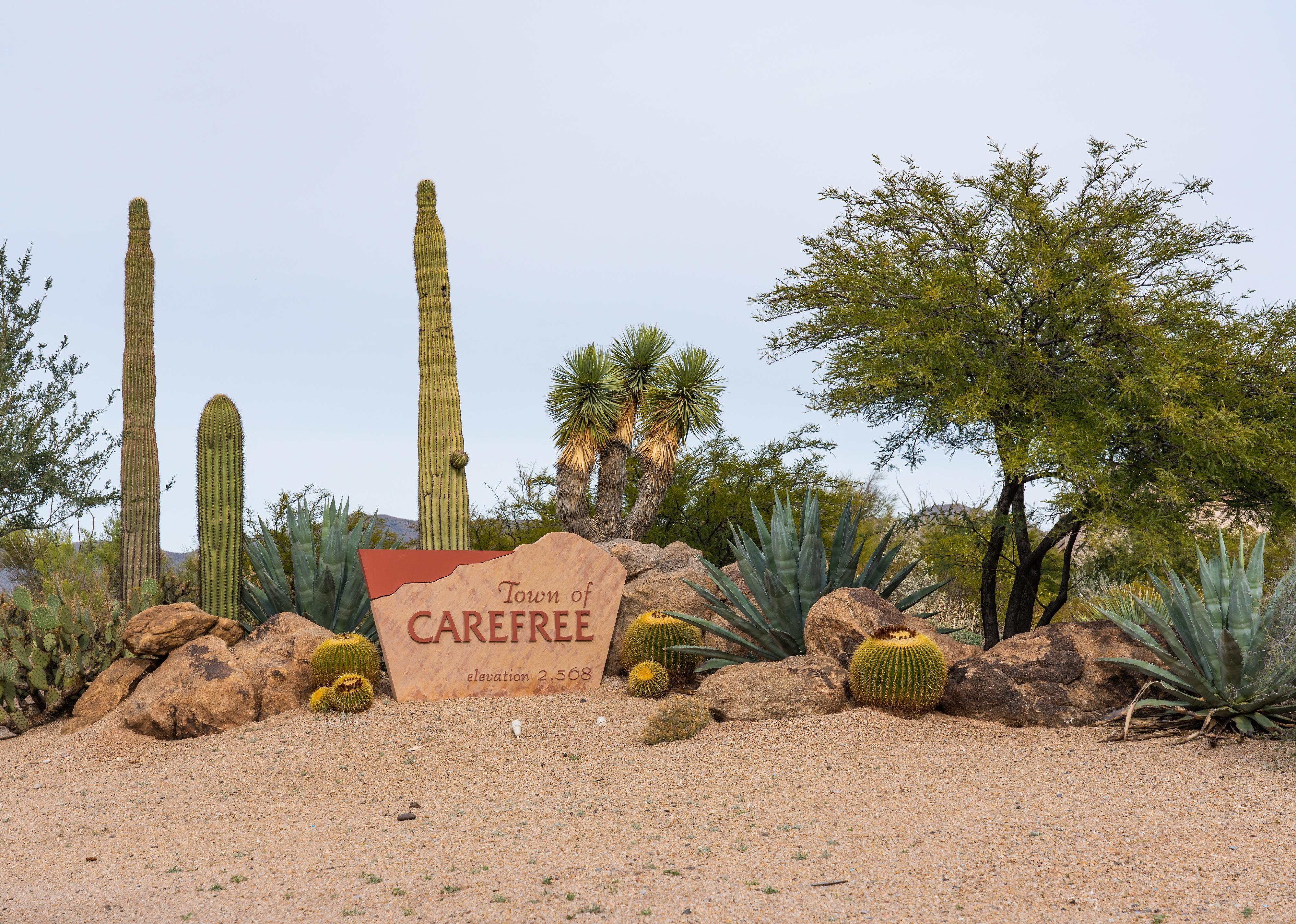 Welcome sign in front of desert landscape.