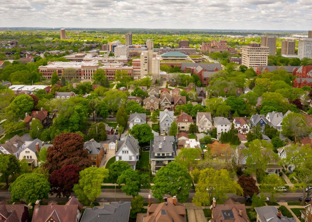 Aerial view of Milwaukee looking west towards the University of Wisconsin.