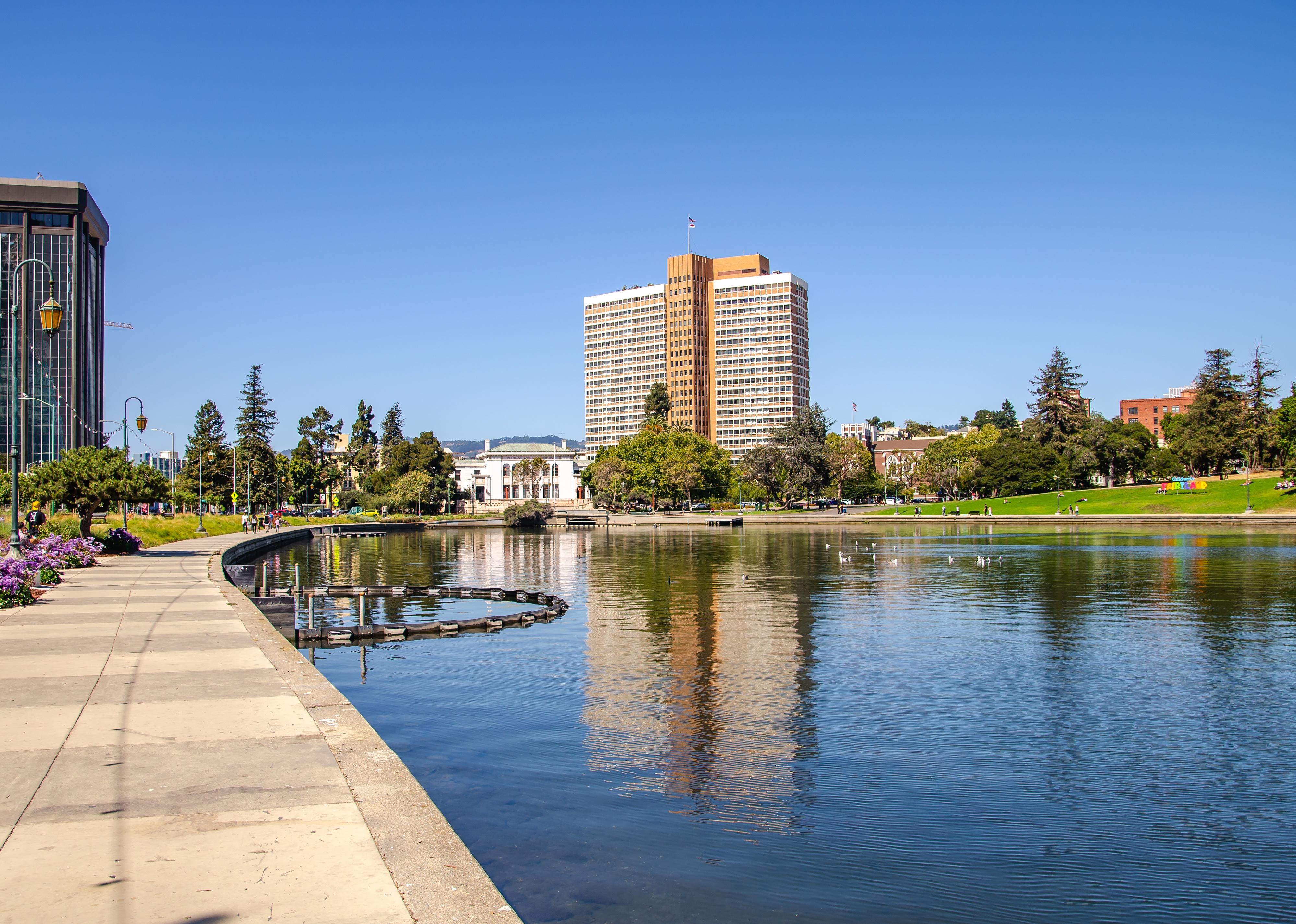 Park with a view of Merritt Lake in Oakland.