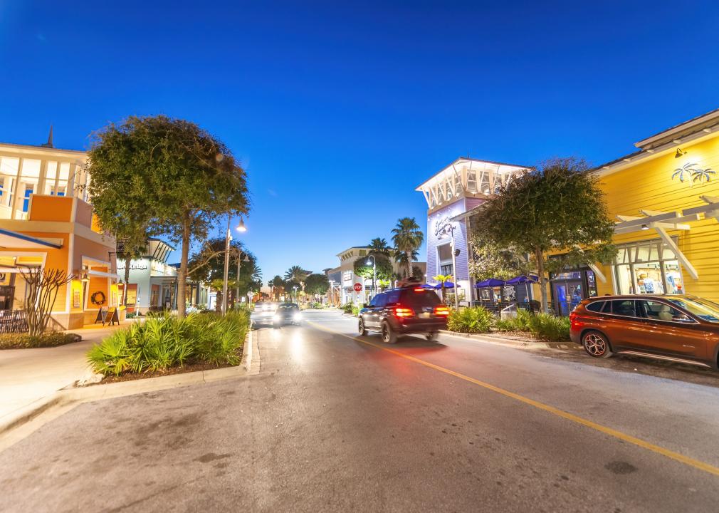 Port Lagoon streets and buildings at night.