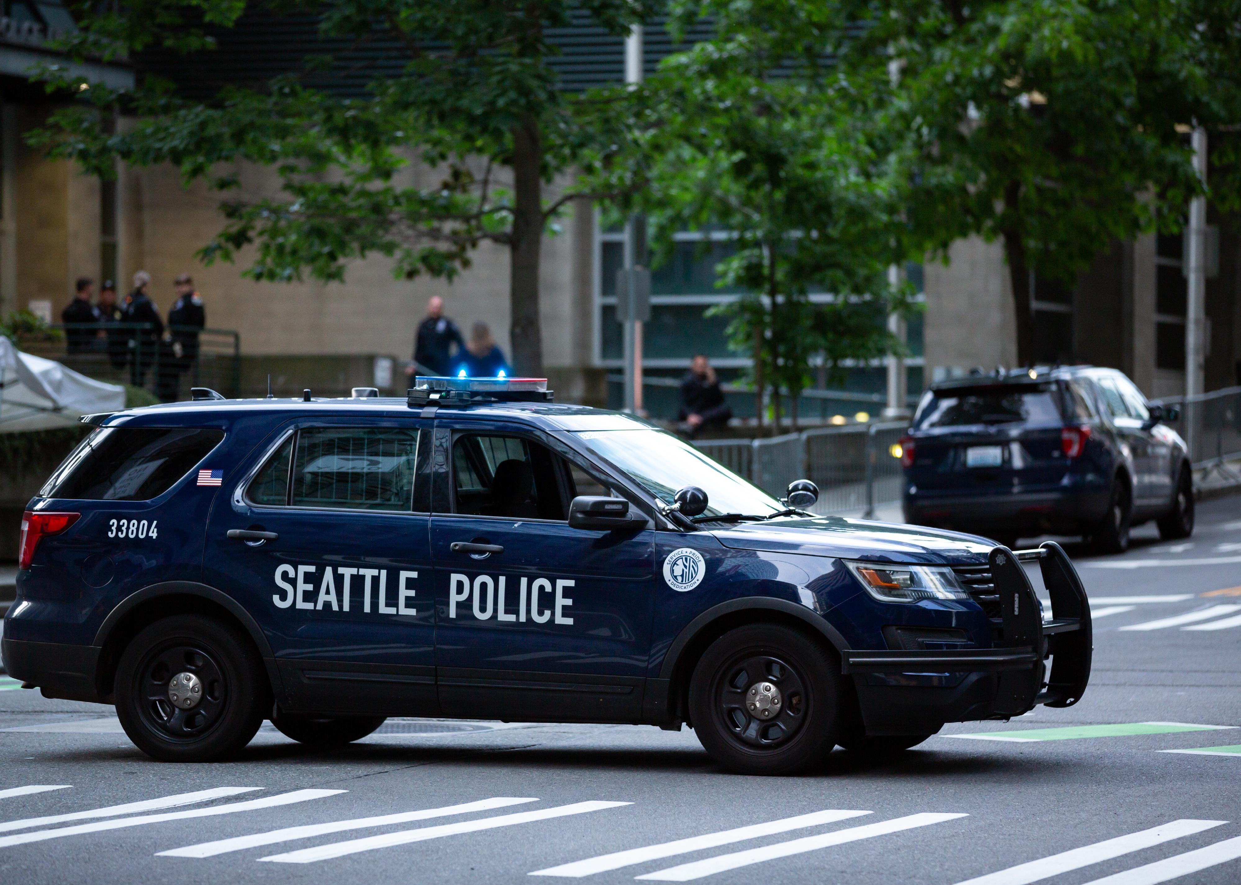 Patrol car in front of the Seattle Police Department West Precinct.