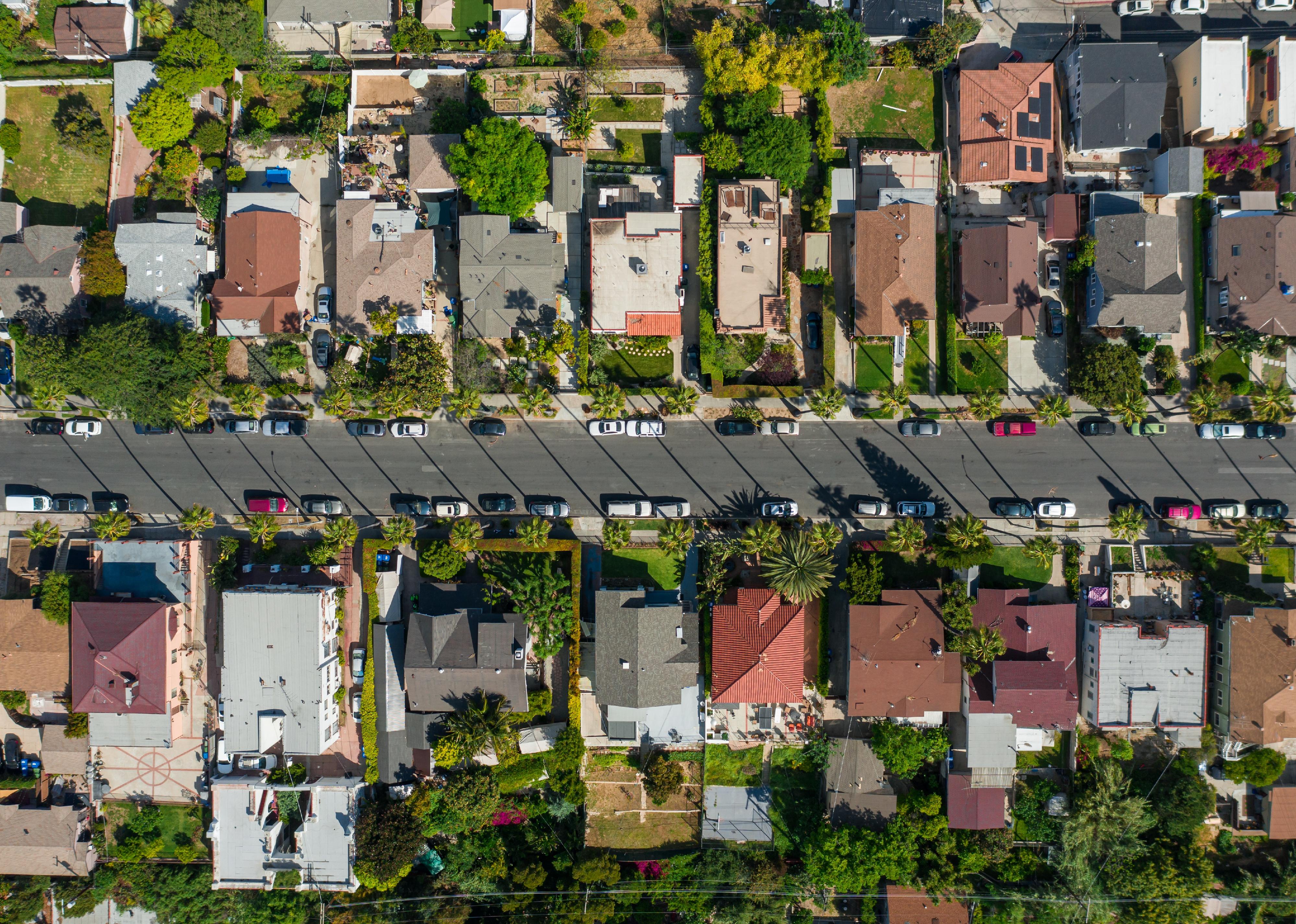 Aerial shot from above of Los Angeles neighborhood.
