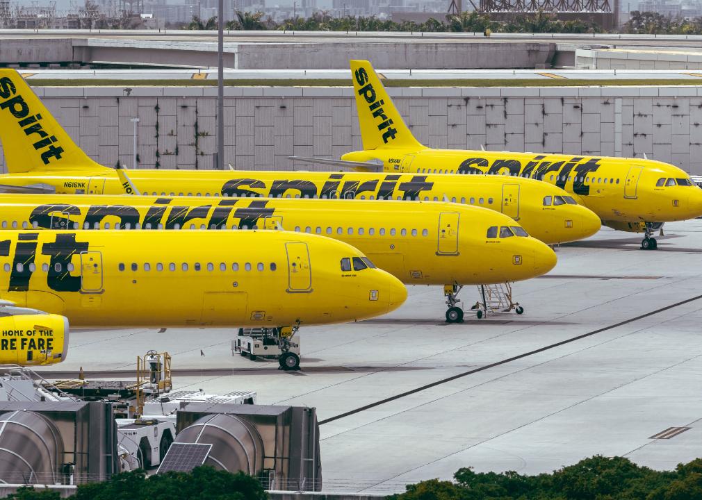 Four Spirit Airlines planes in a row