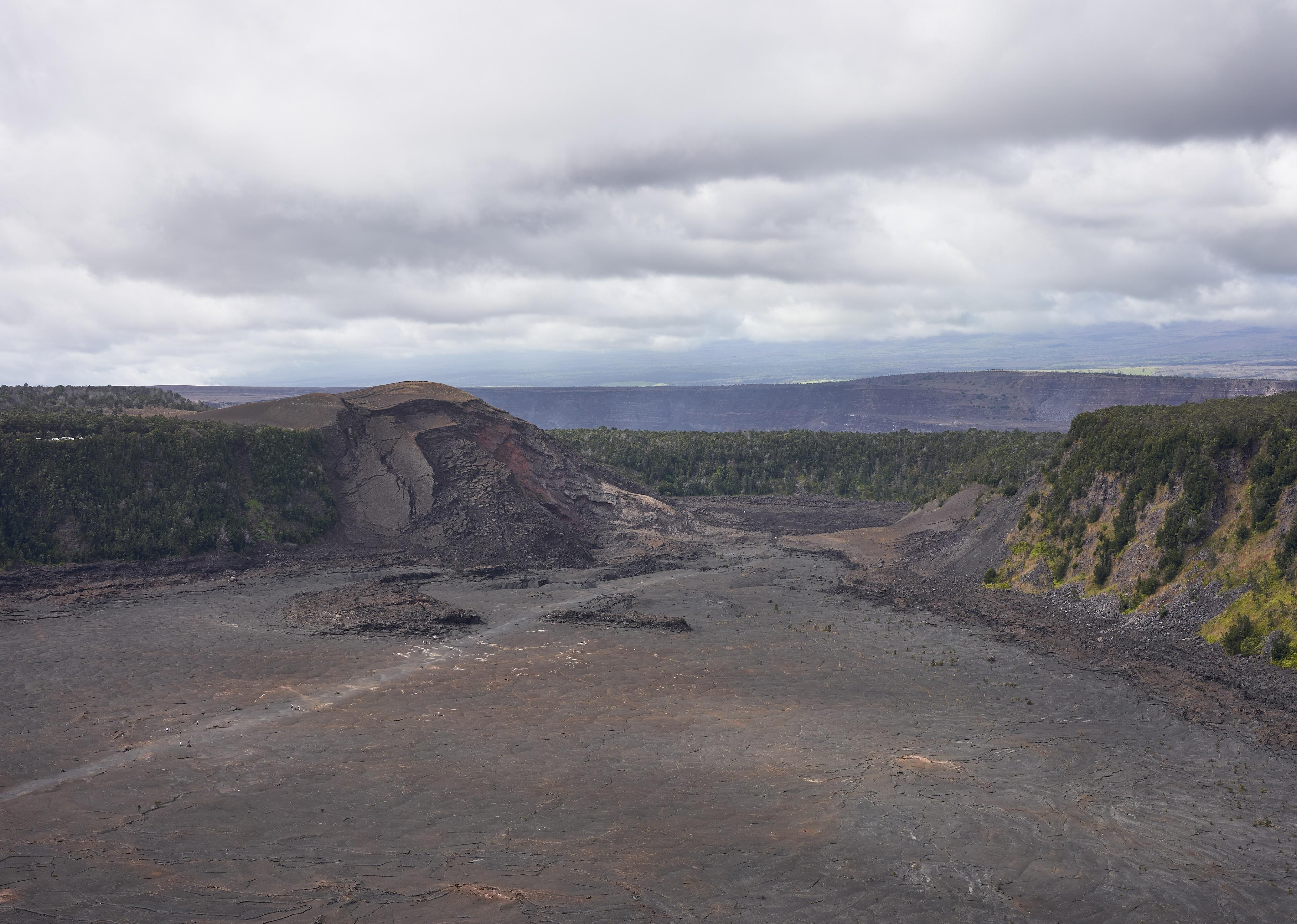 Aerial view of the solidified Kīlauea Iki Crater lava lake in Hawaii Volcanoes National Park.