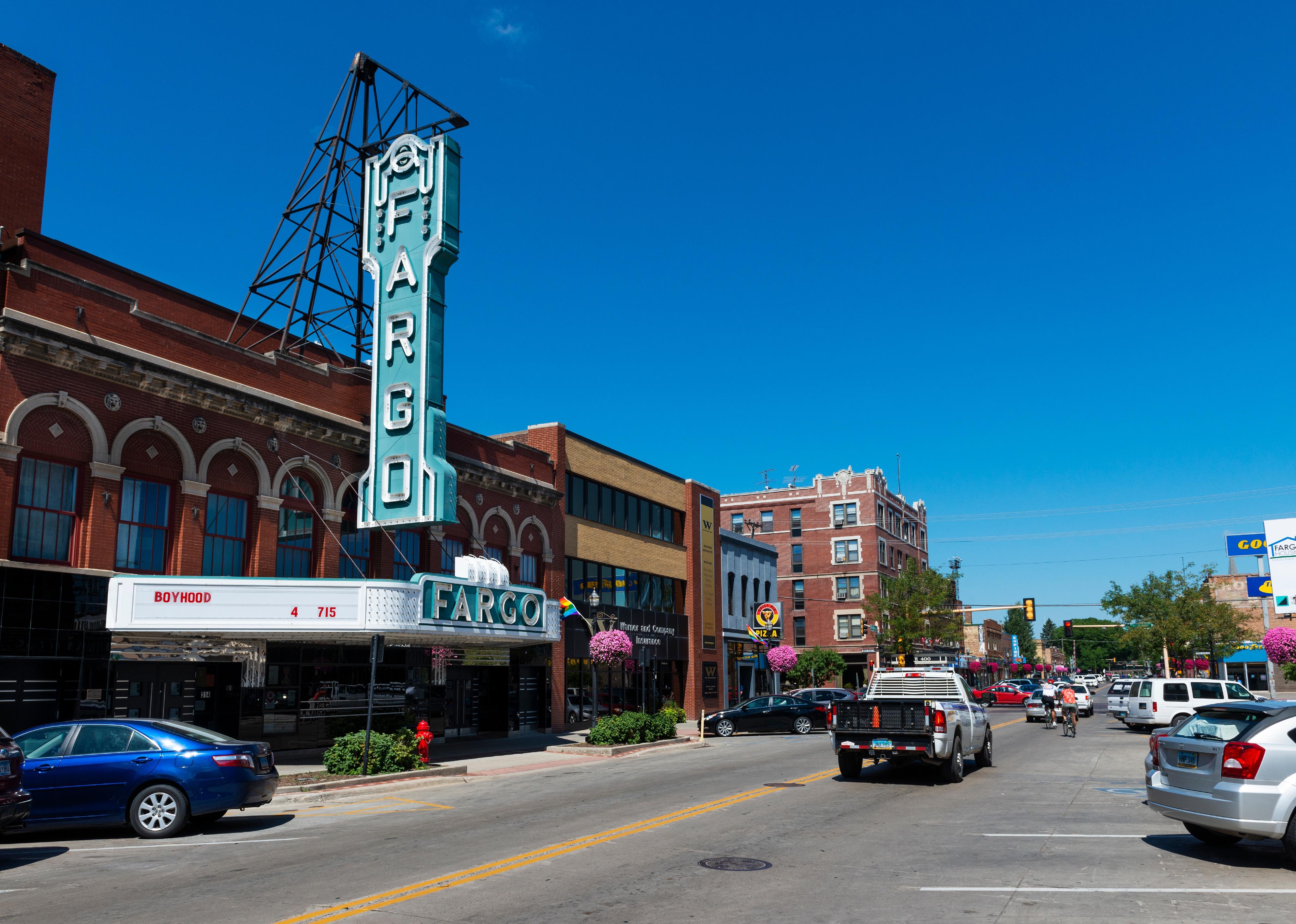 View of the broadway street with the facade of the Fargo Theatre
