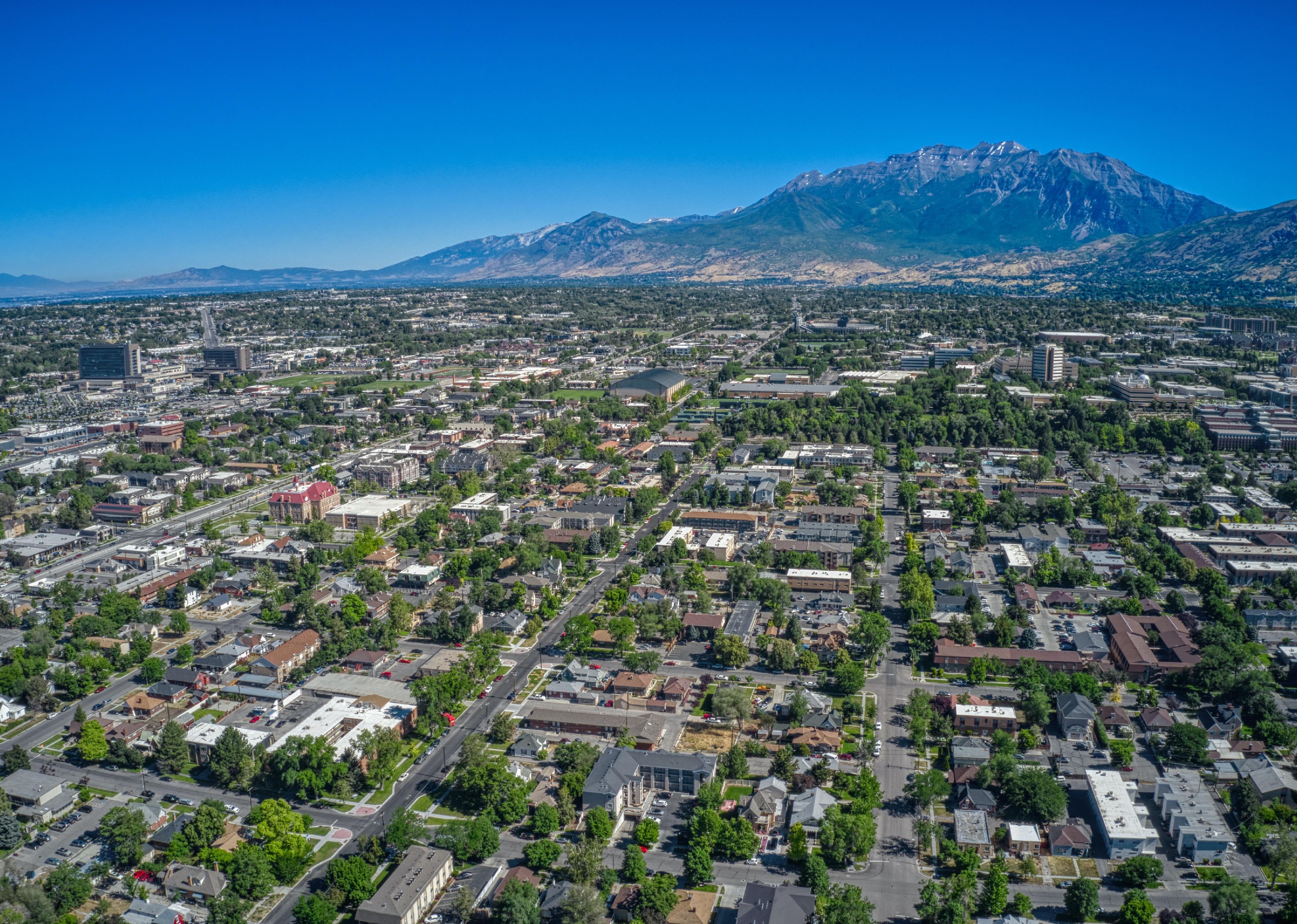 Aerial view of downtown Provo, Utah, during summer.