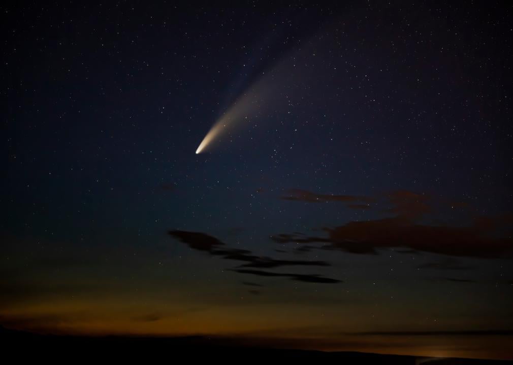 A comet flies in a summer night sky.