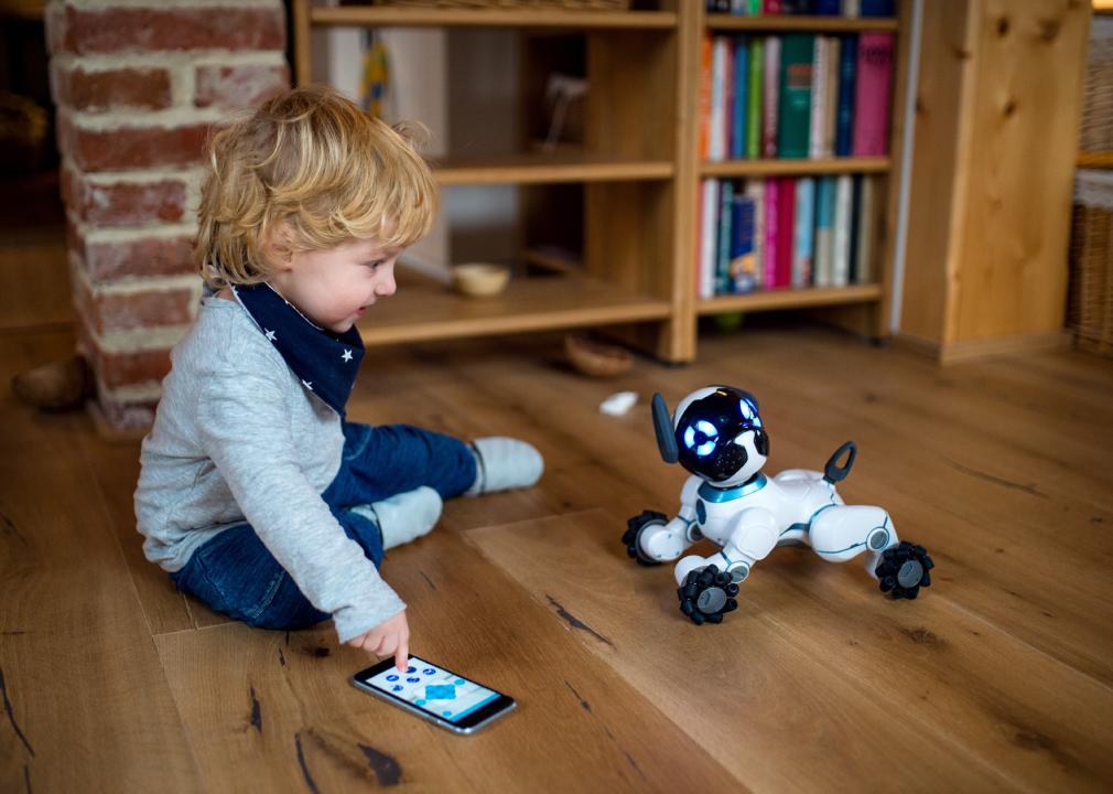 Toddler boy sitting playing with robotic dog