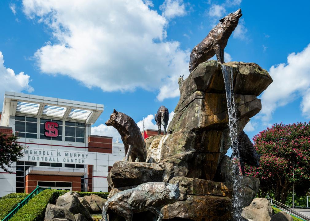 A fountain statue of wolves in front of a football stadium.