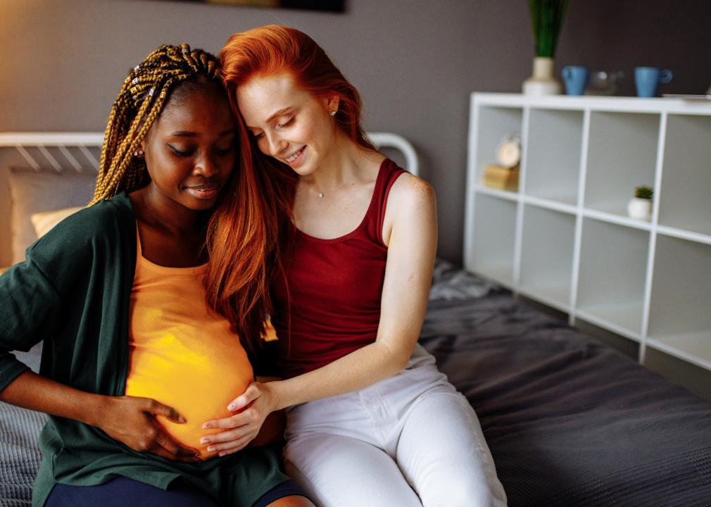 Female couple admiring pregnant belly
