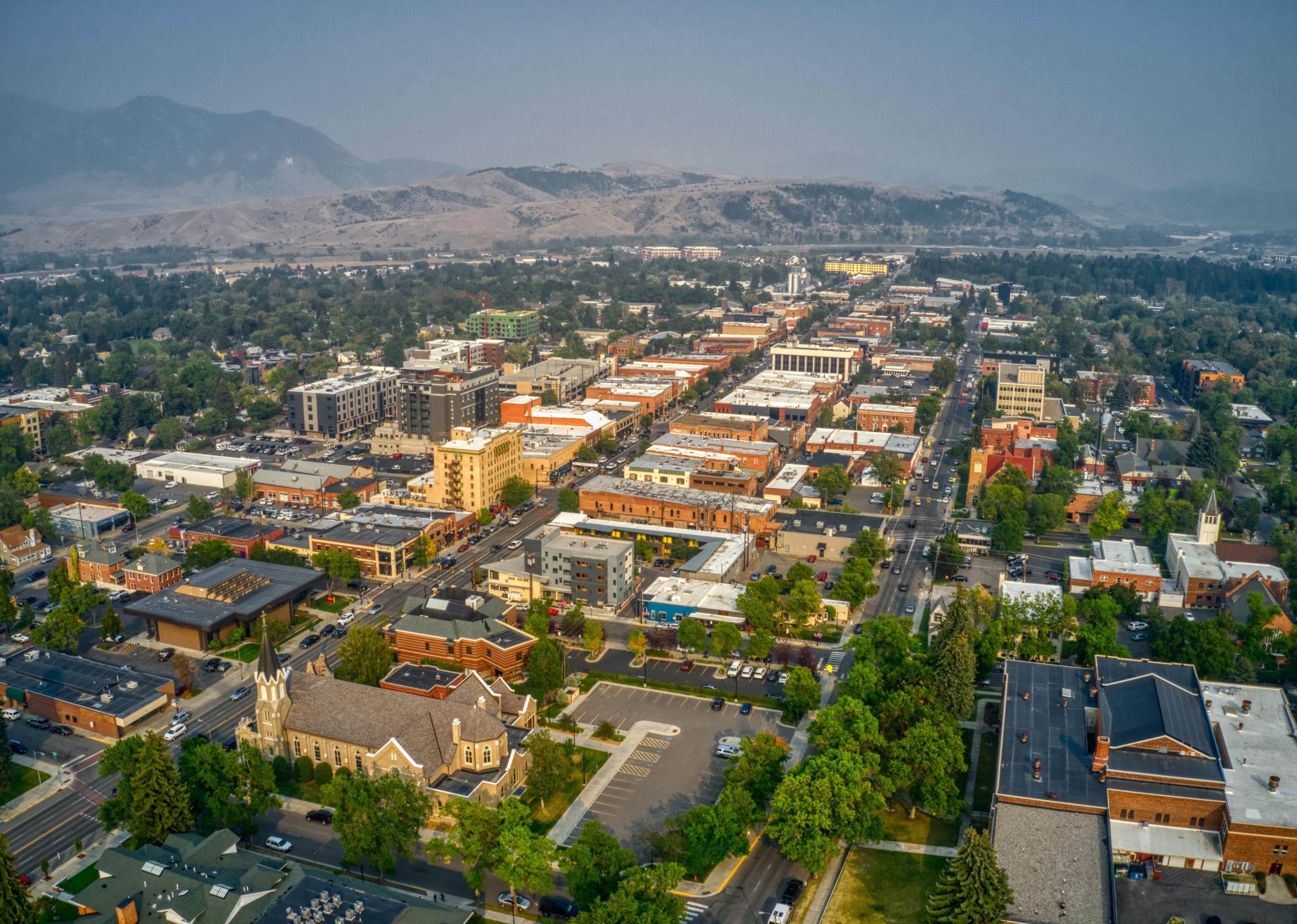 Aerial view of downtown Bozeman in summer.