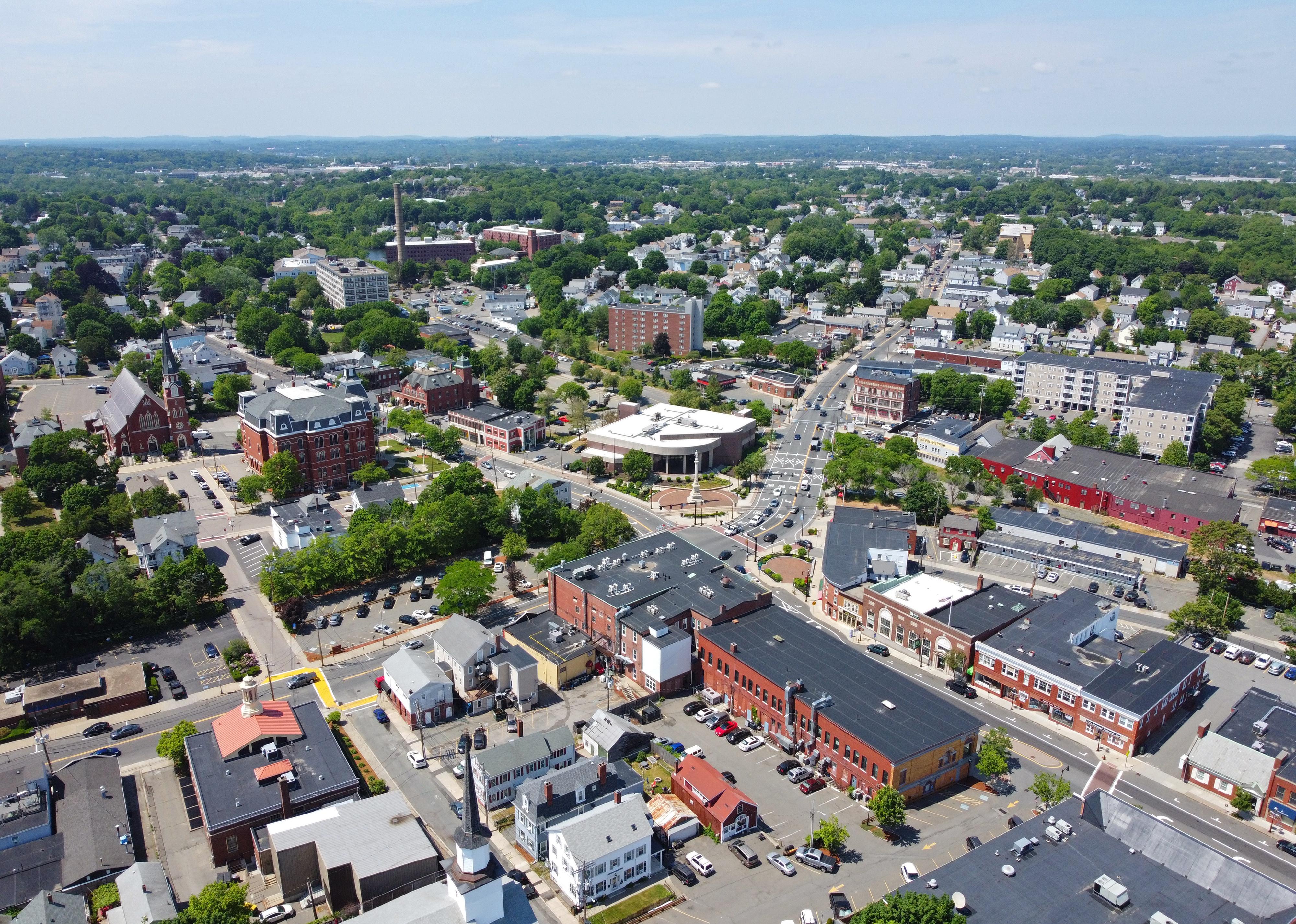 Aerial view of historic commercial buildings on Main Street in downtown Peabody