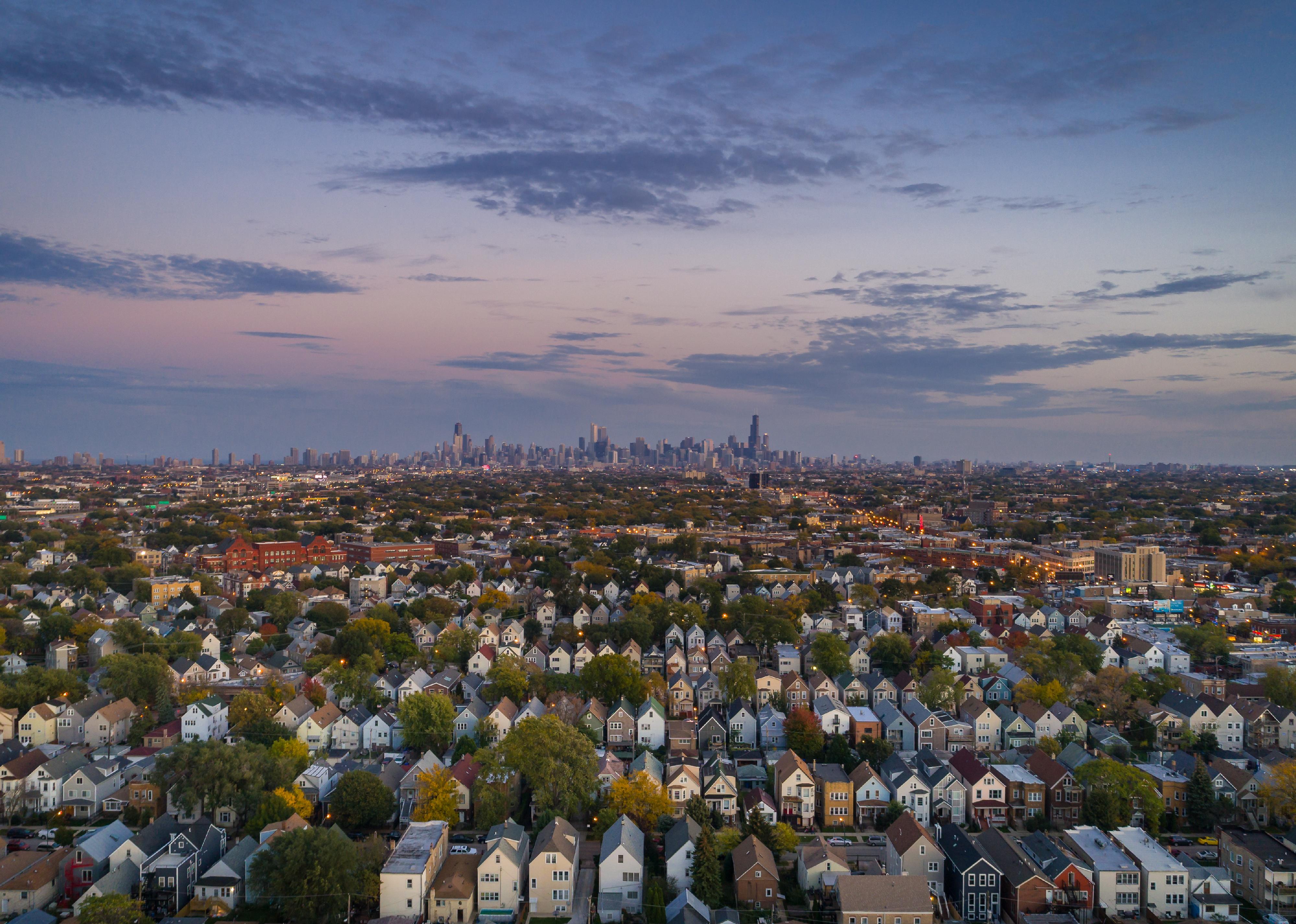 Chicago suburbs, after sunset, overlooking downtown.