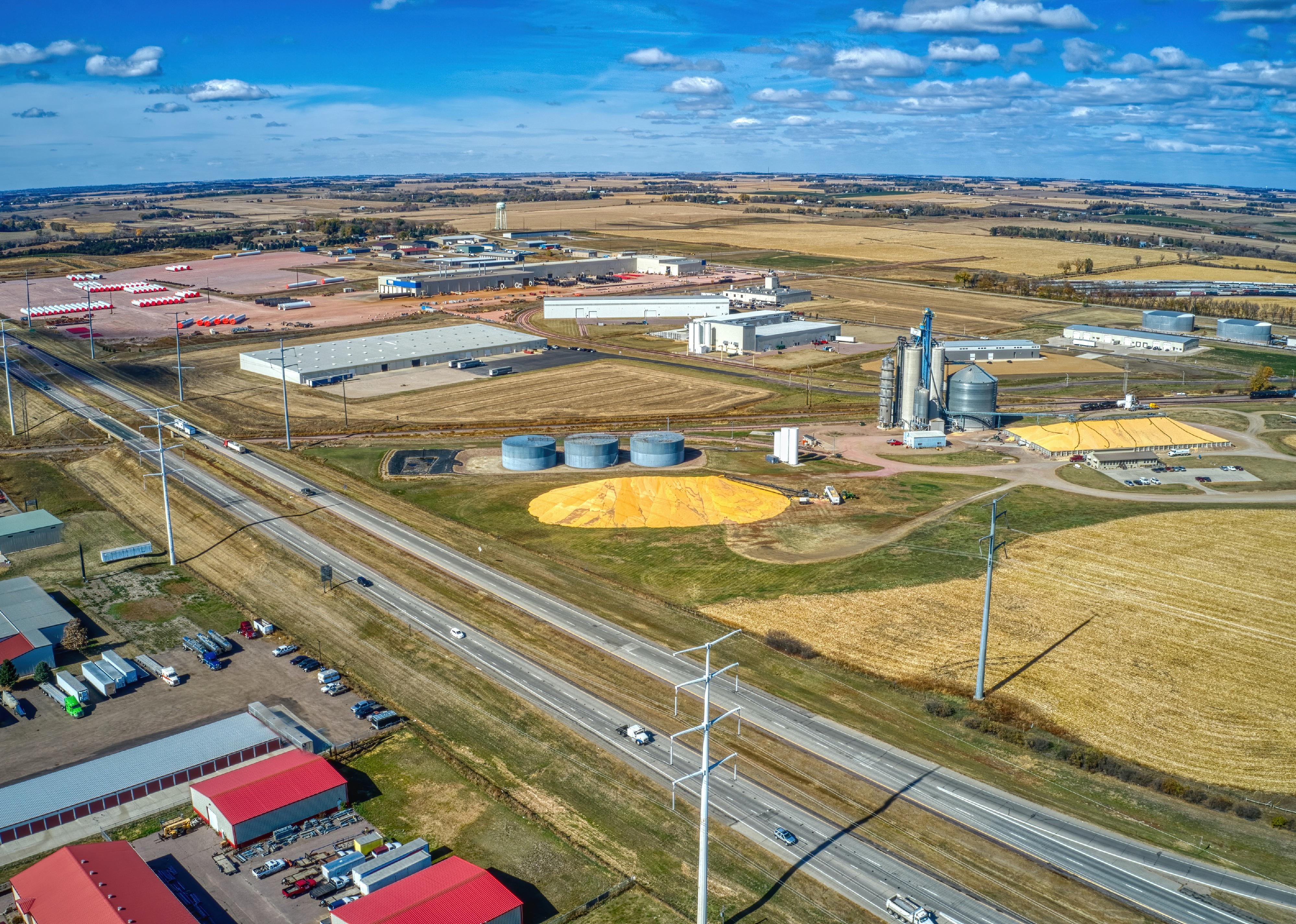Aerial view of large corn pile outside of silo in Brandon, South Dakota.