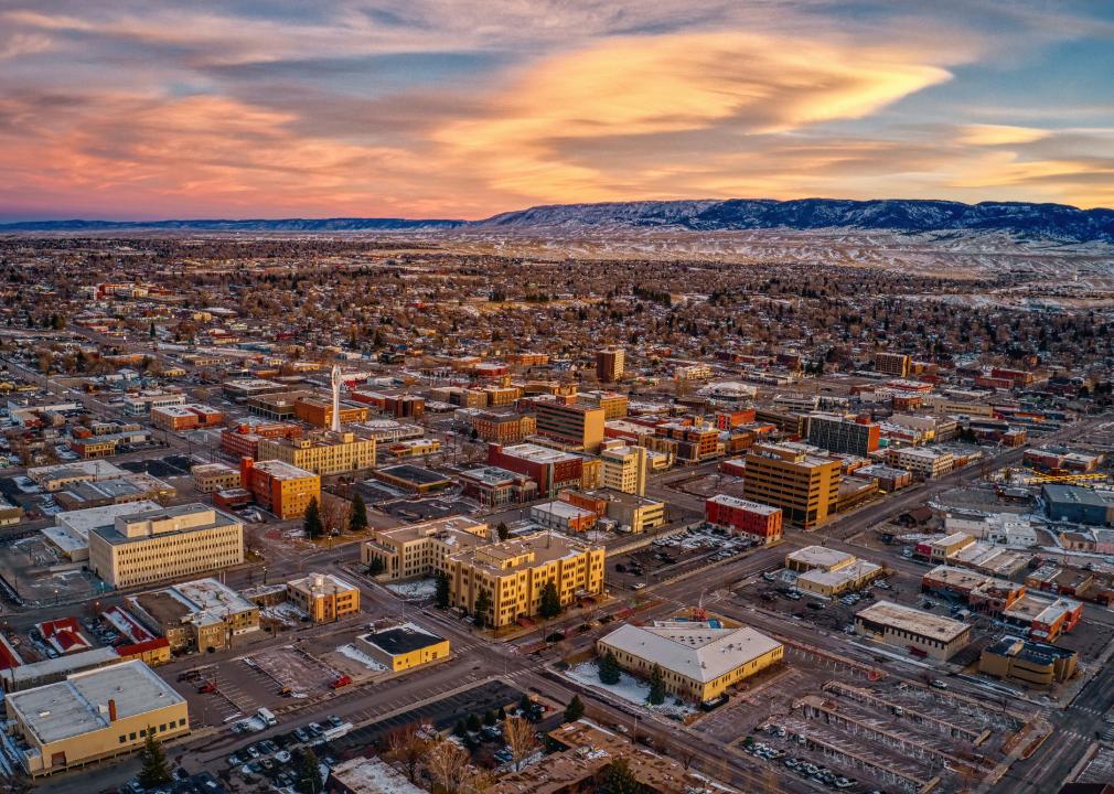 Aerial view of Downtown Casper at dusk.
