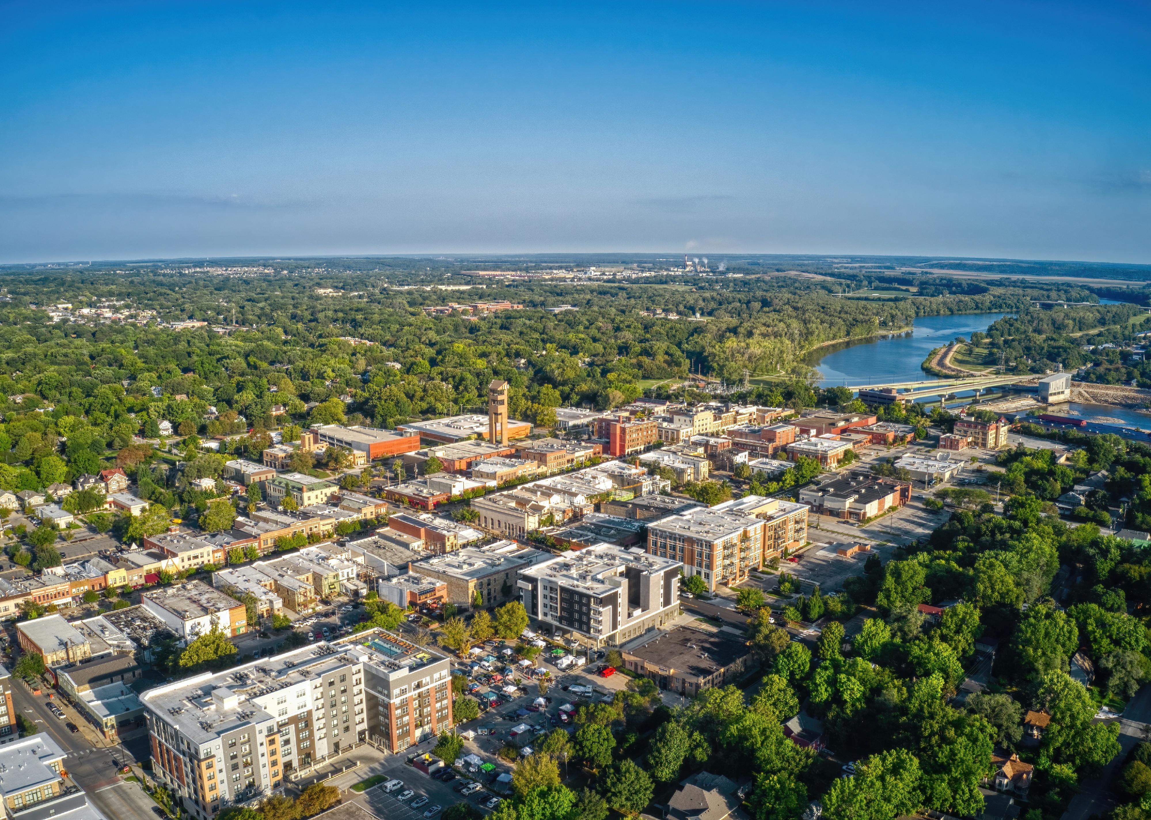 Aerial view of Lawrence and Kansas State University.