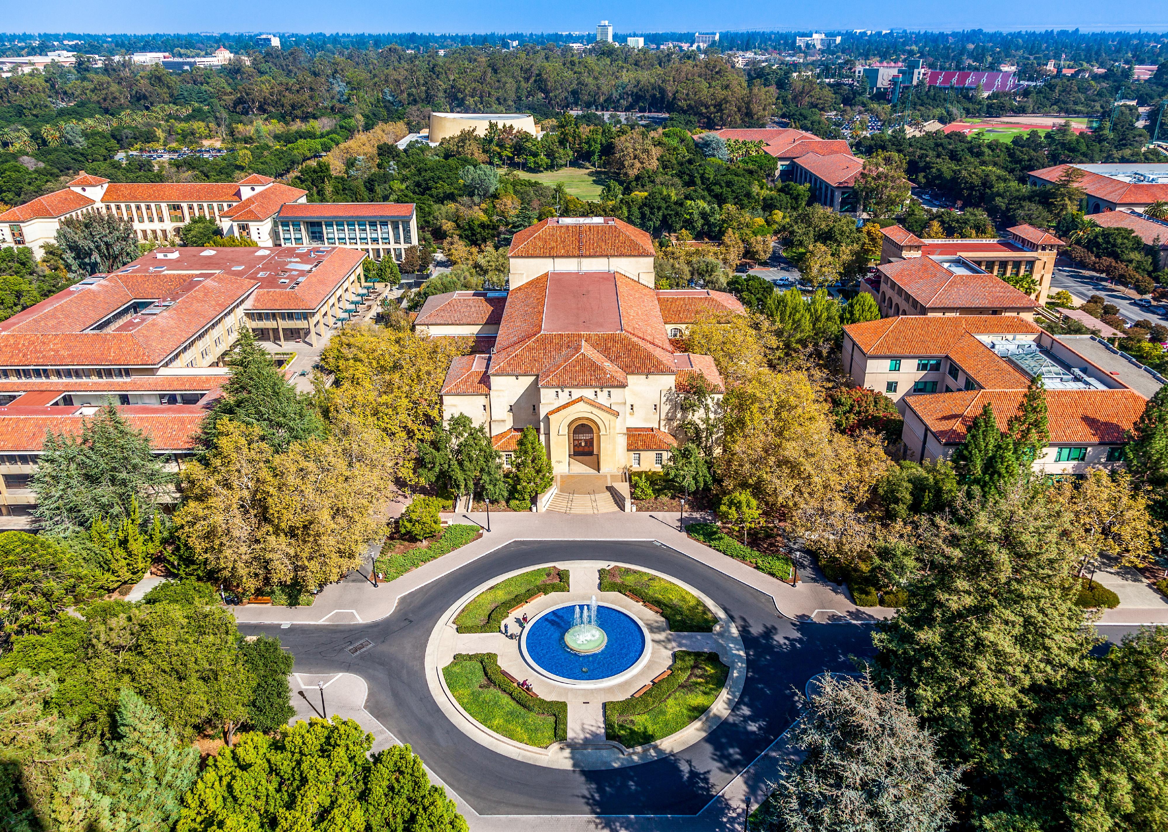Aerial view of historic Stanford University campus.