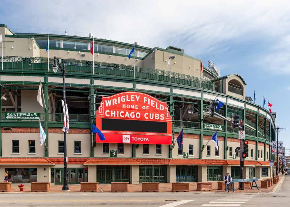 The exterior of Wrigley Field stadium