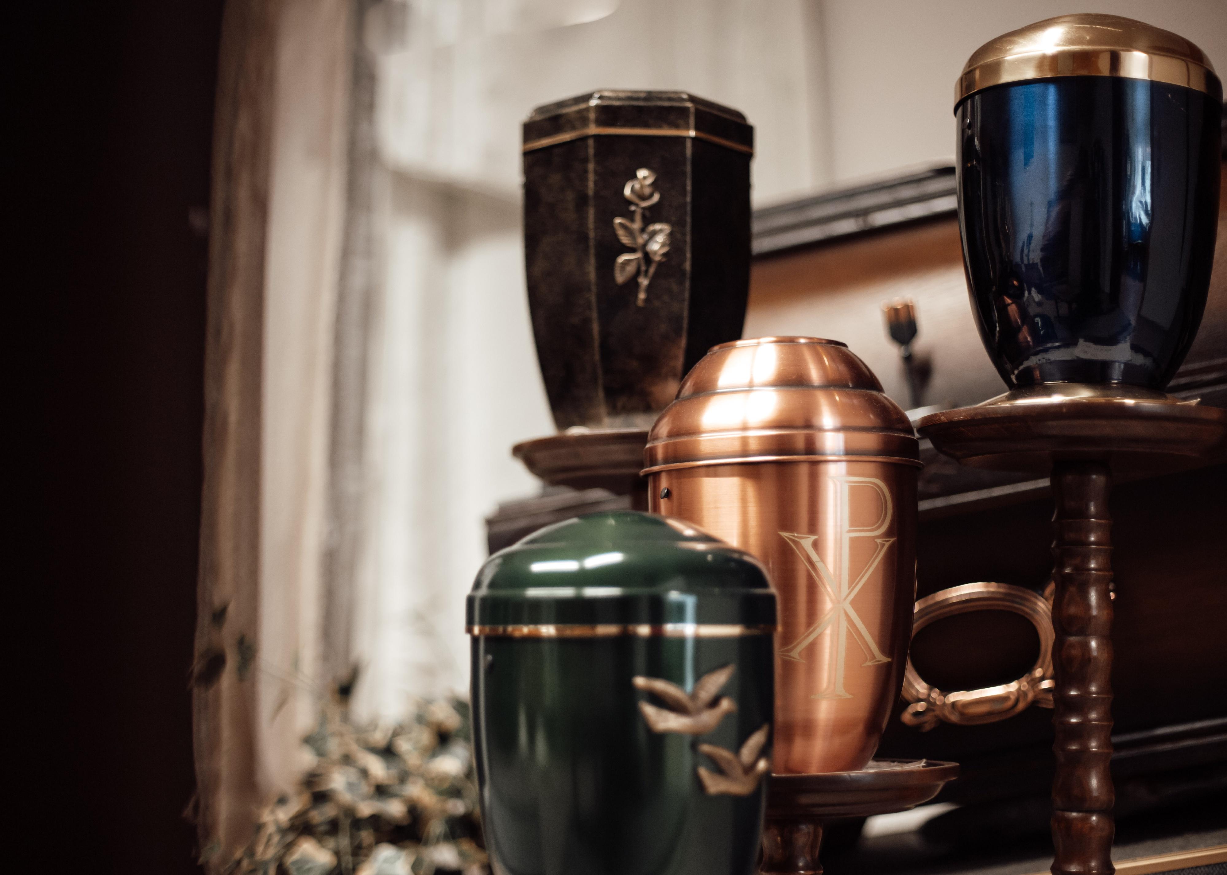 Decorative urns sit on display.