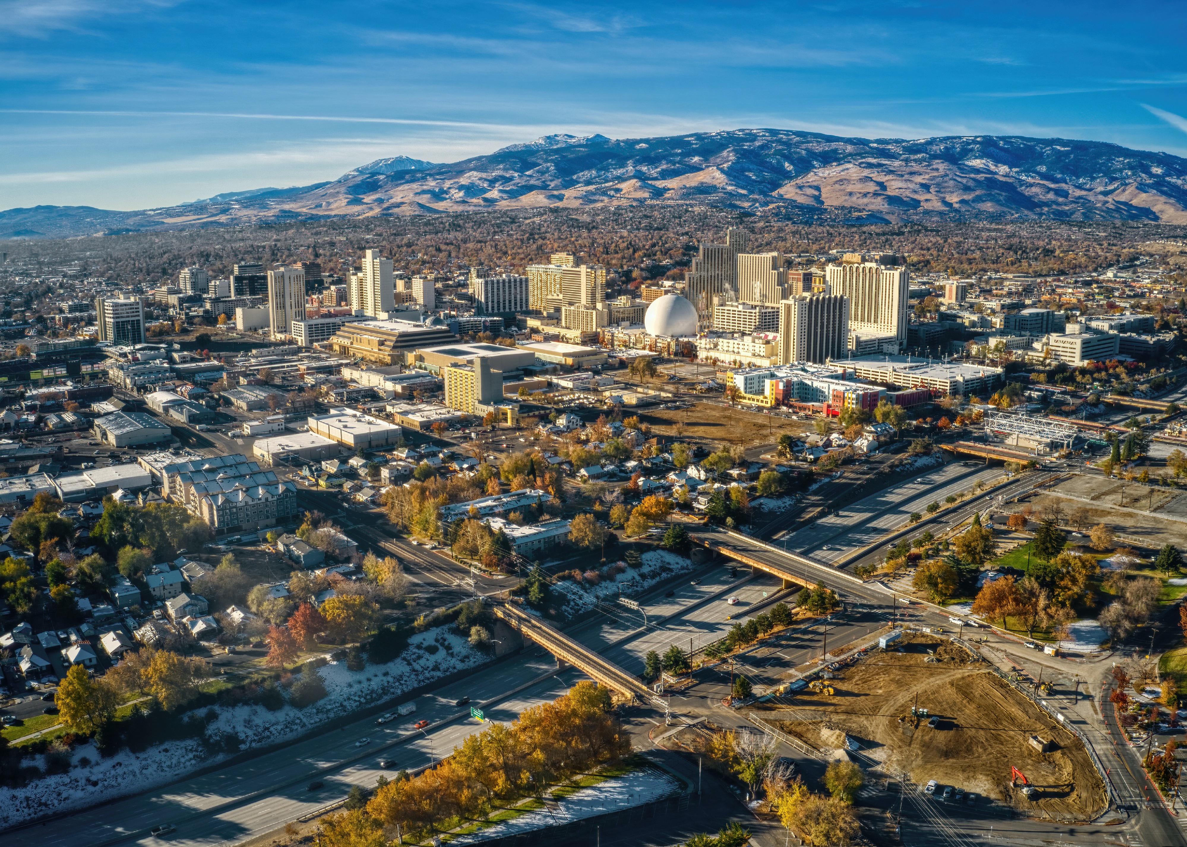 Aerial of Reno, Nevada skyline
