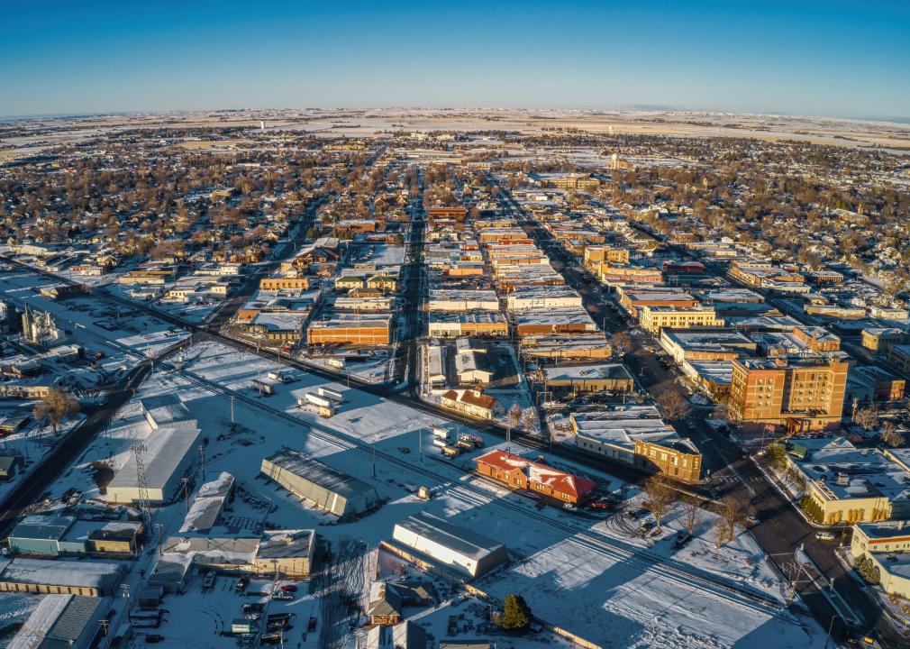 Aerial View of Downtown Scottsbluff, Nebraska in Winter.