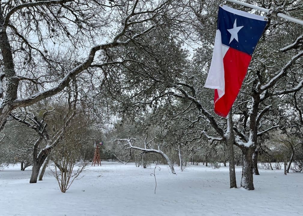 Texas flag against snowy landscape background.