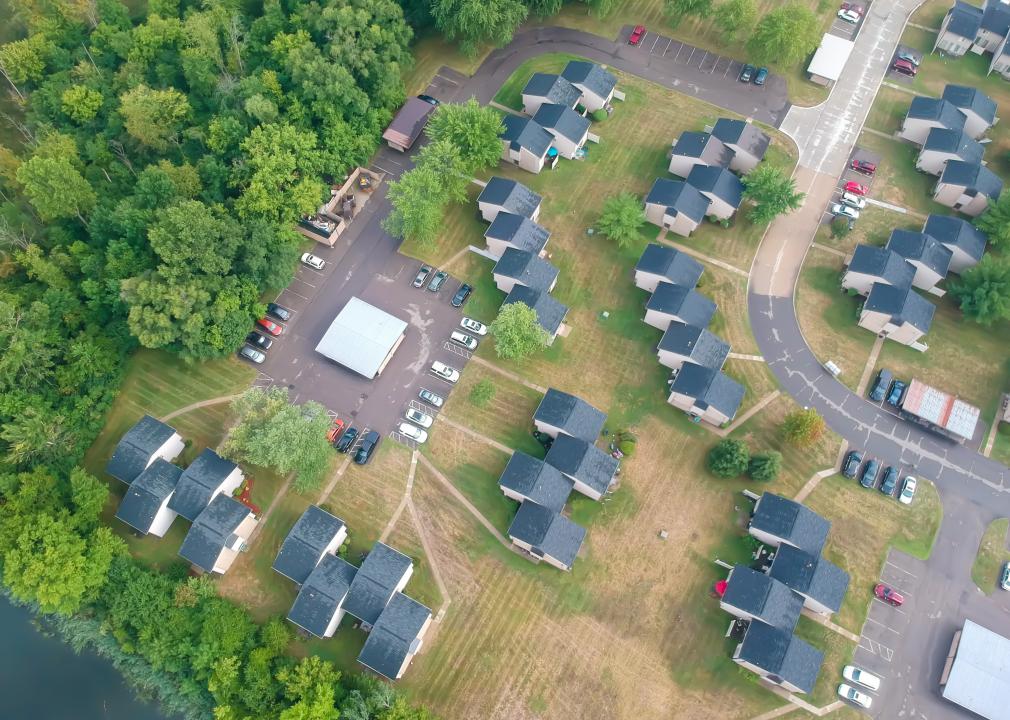 Aerial view of houses and trees.