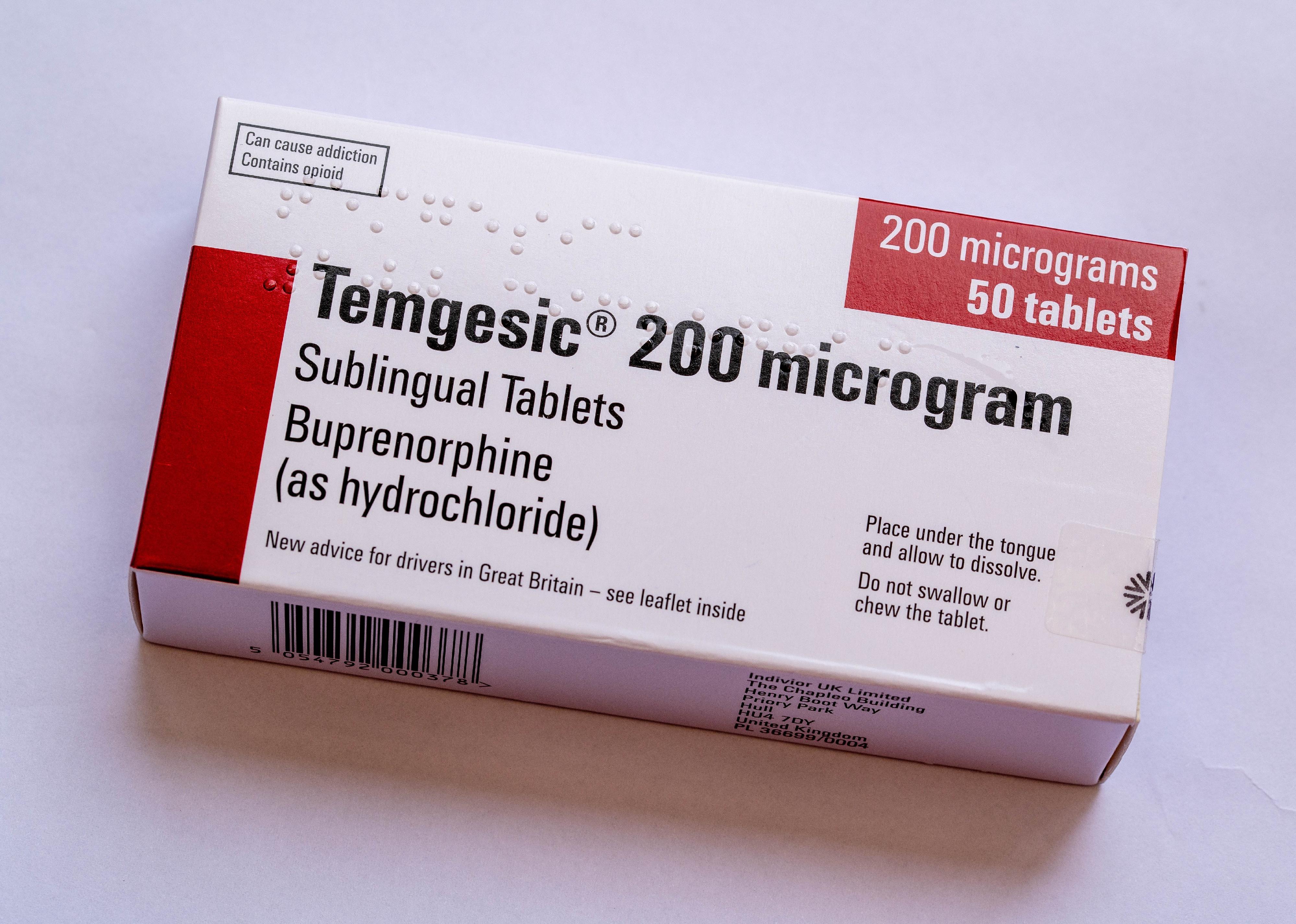 Box of Temgesic (buprenorphine) sub-linual tablets.