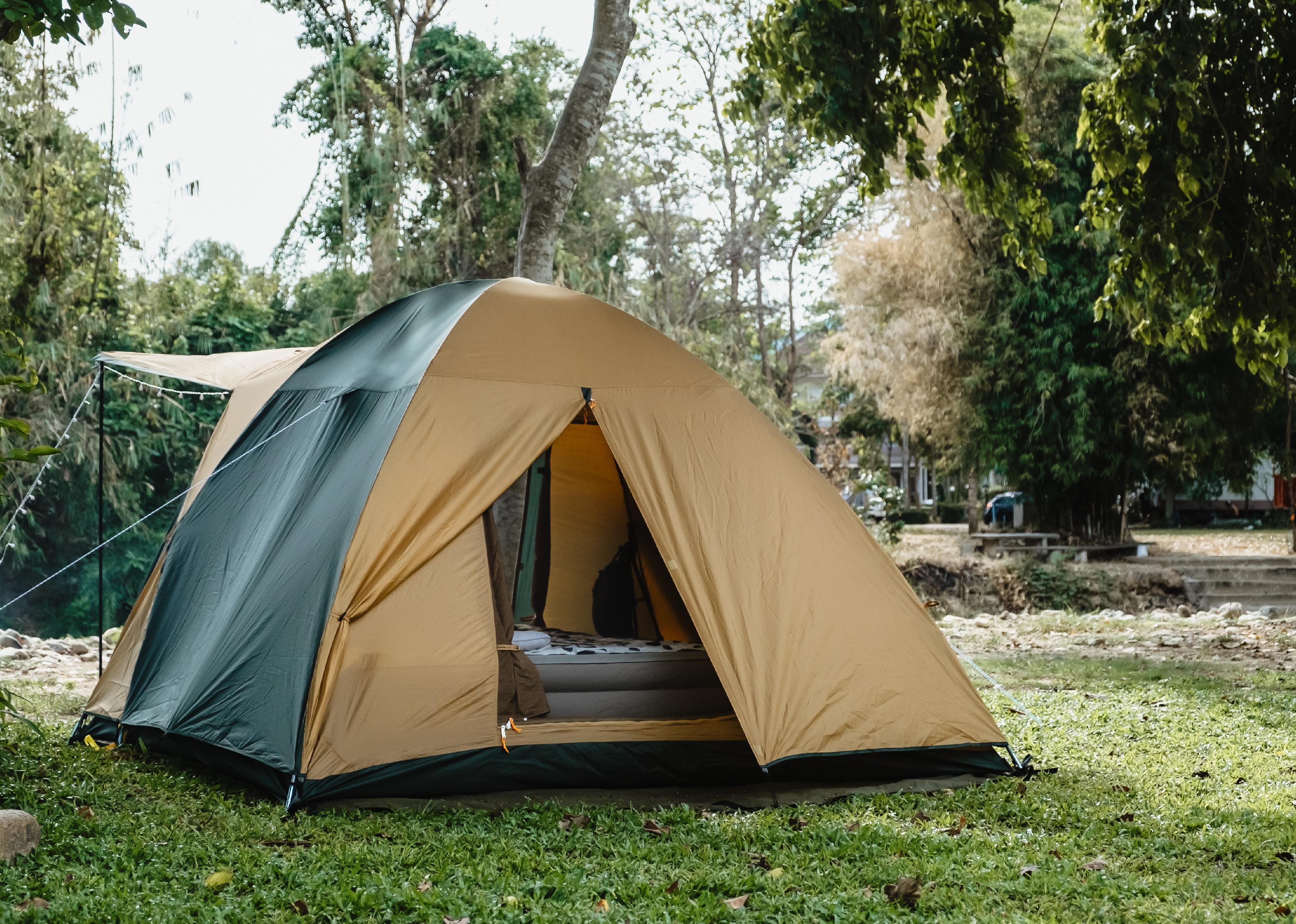 Camping tent set up on campground