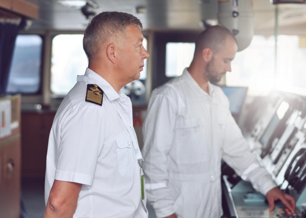 The captain of a cargo ship giving instructions to the navigator.