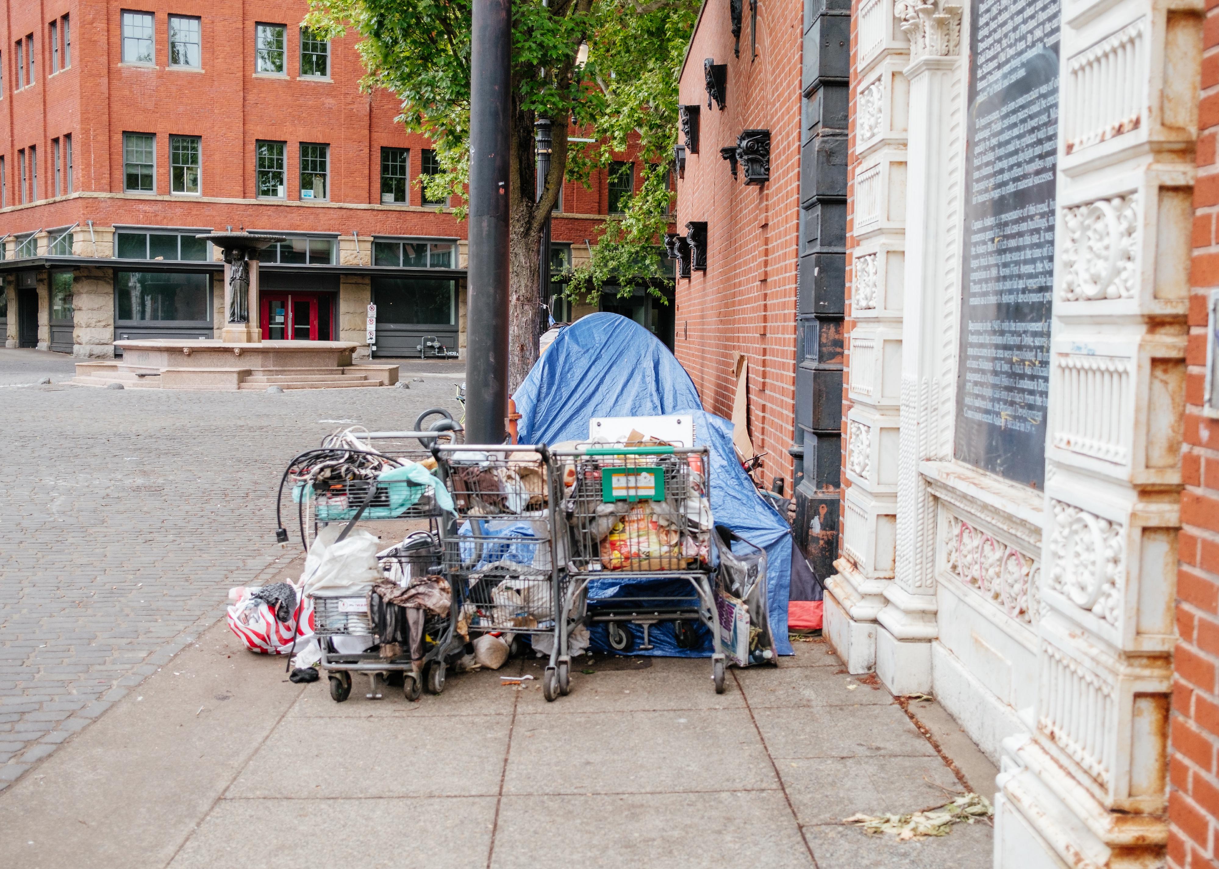 Homeless person's tent and shopping carts on the street in Portland.