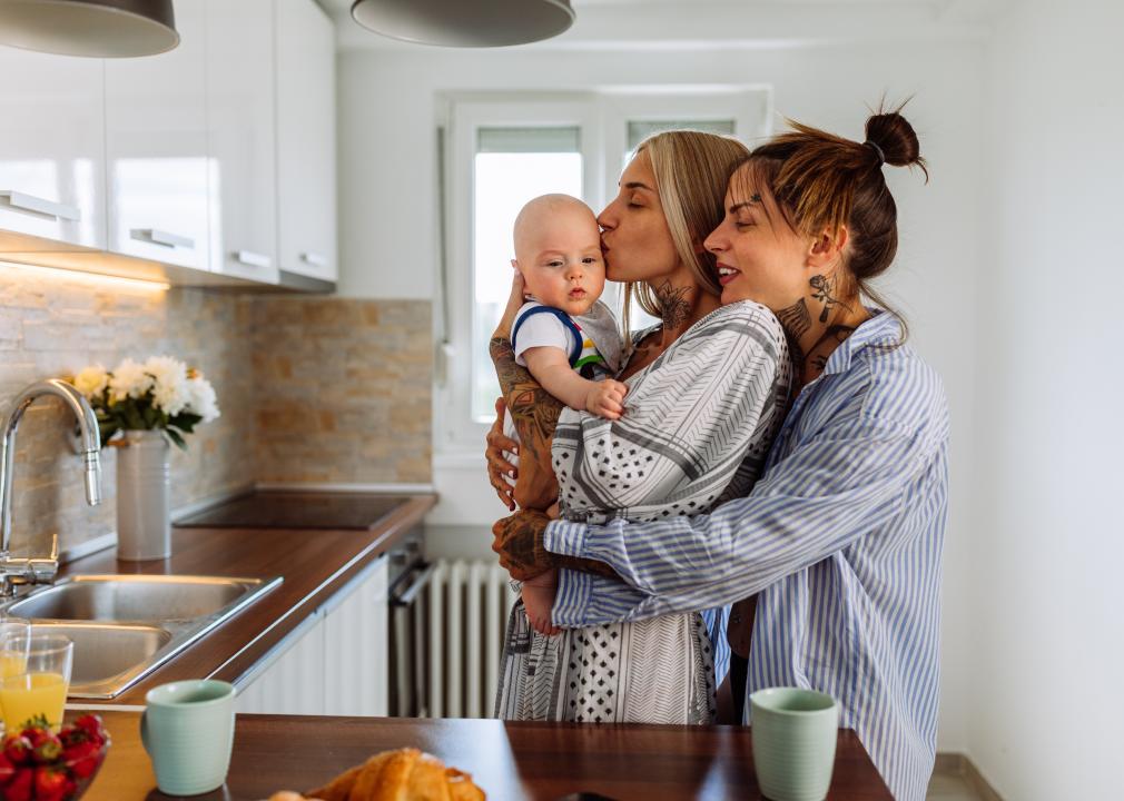 Two women in pajamas hugging and holding baby in kitchen