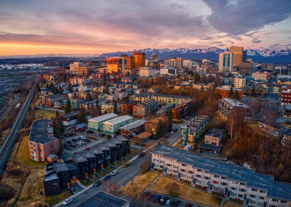 Aerial View of a Sunset over Downtown Anchorage, Alaska