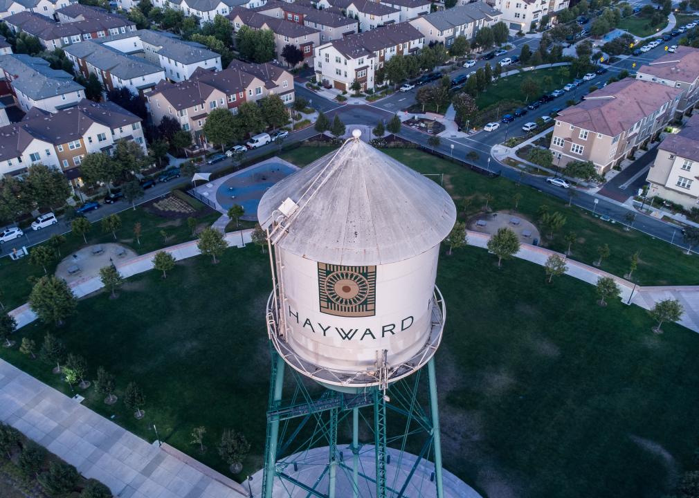 Hayward water tower in the evening from above