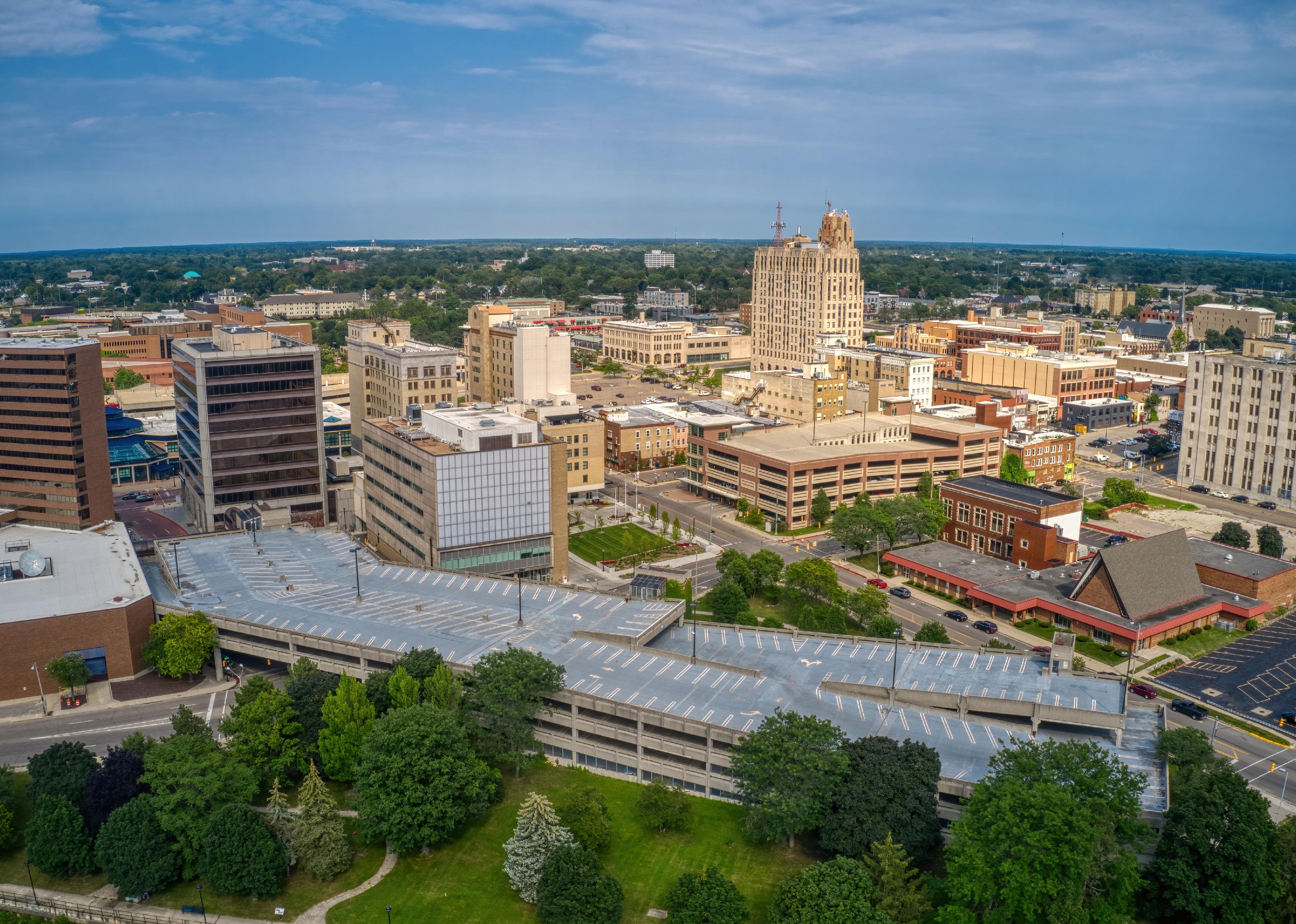 Aerial View of Downtown Flint, Michigan in Summer.
