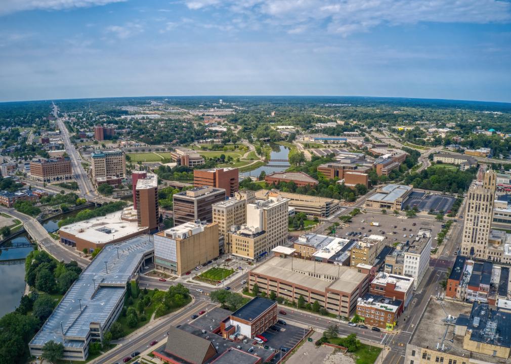 Aerial view of Downtown Flint, Michigan, in summer.