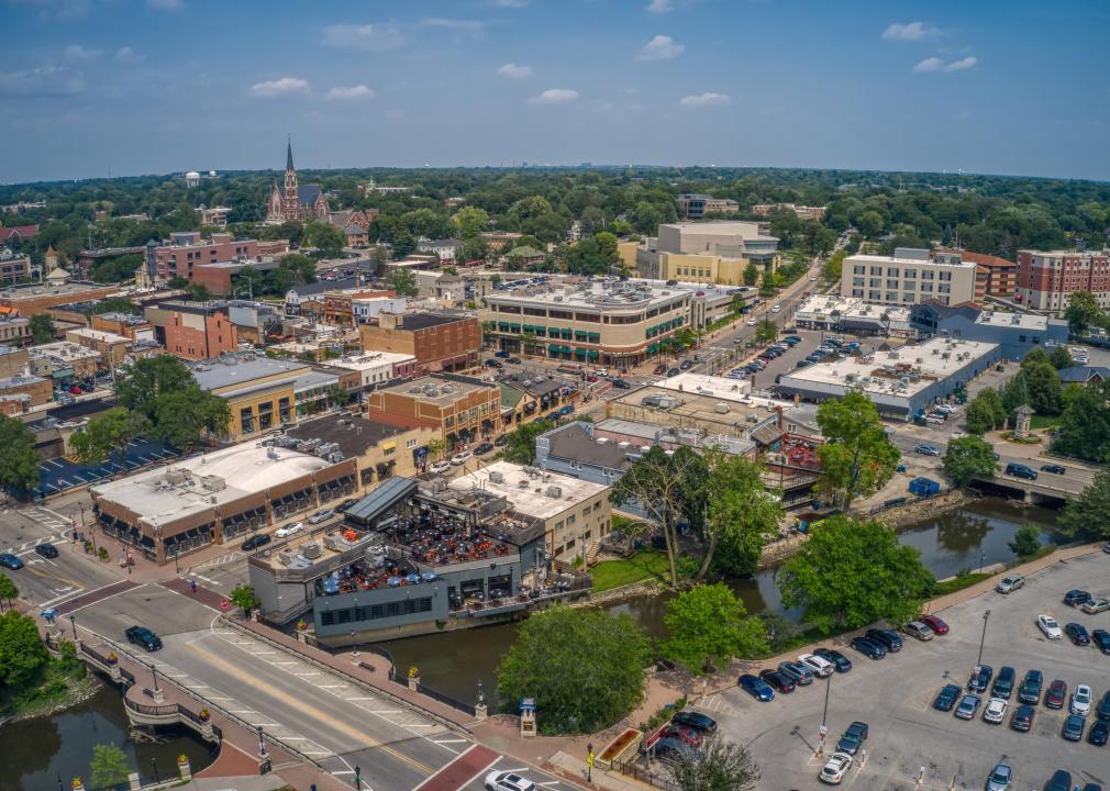 Aerial view of Downtown Naperville. 