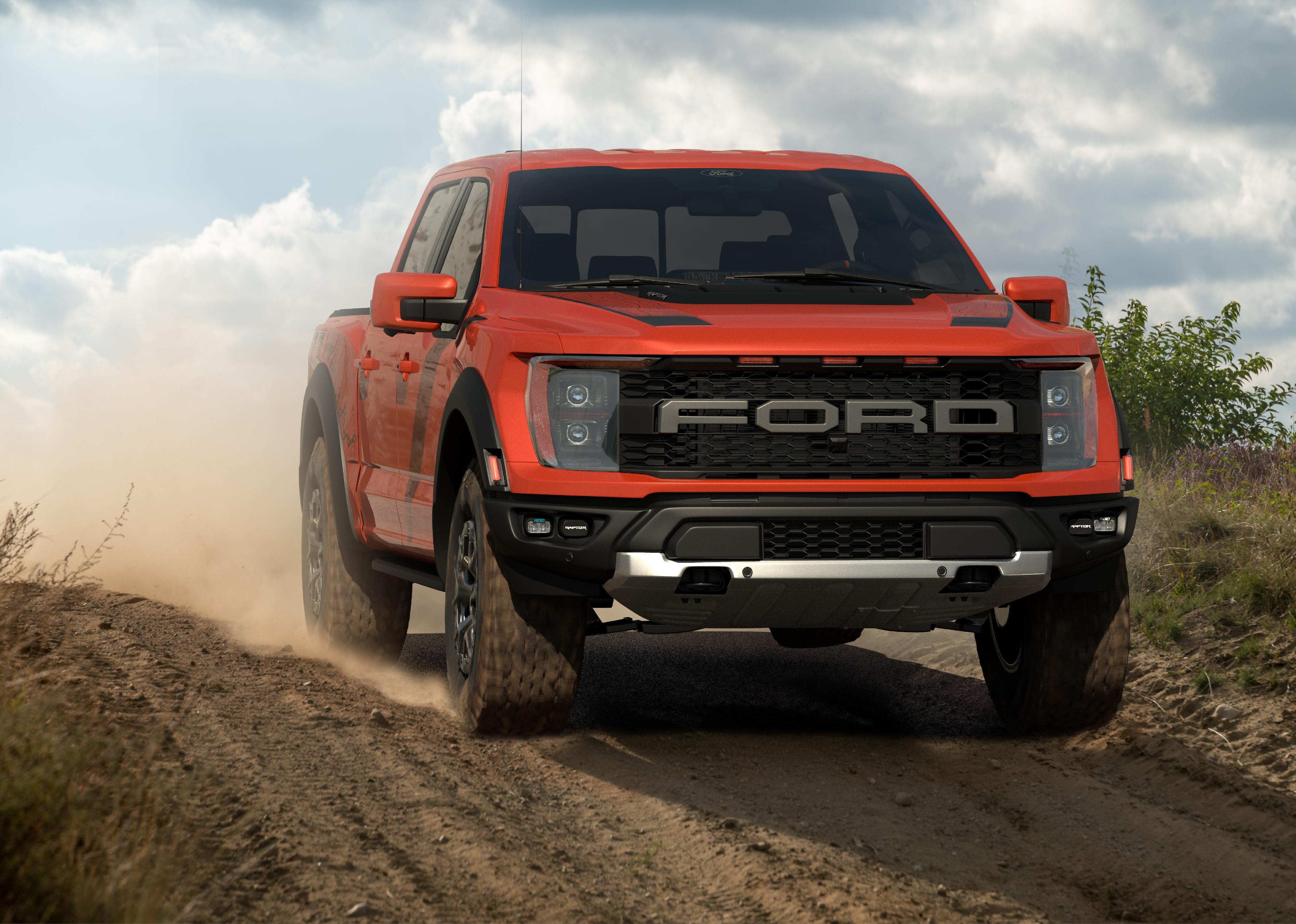 Ford F-150 during fast driving on dirt road.