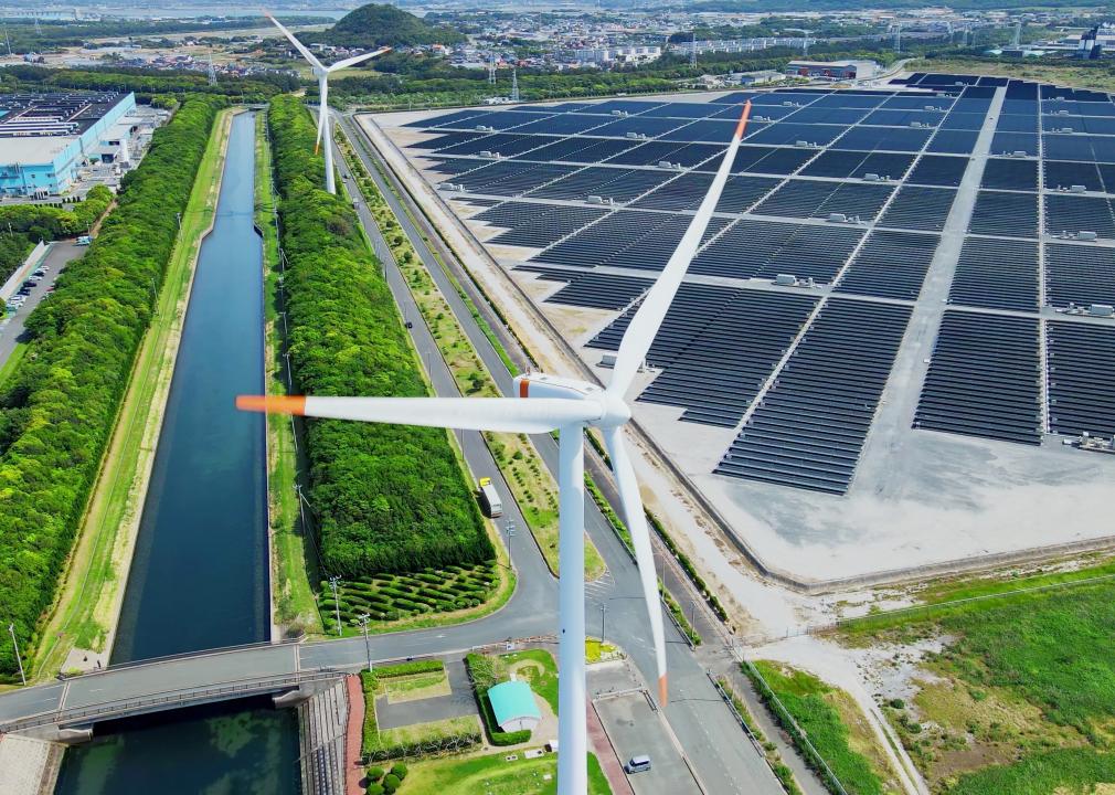 Aerial view of solar power plant and windmills 