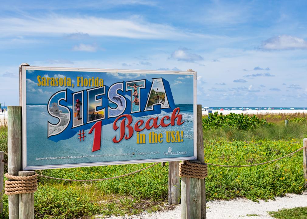 Siesta Beach postcard sign and beach.
