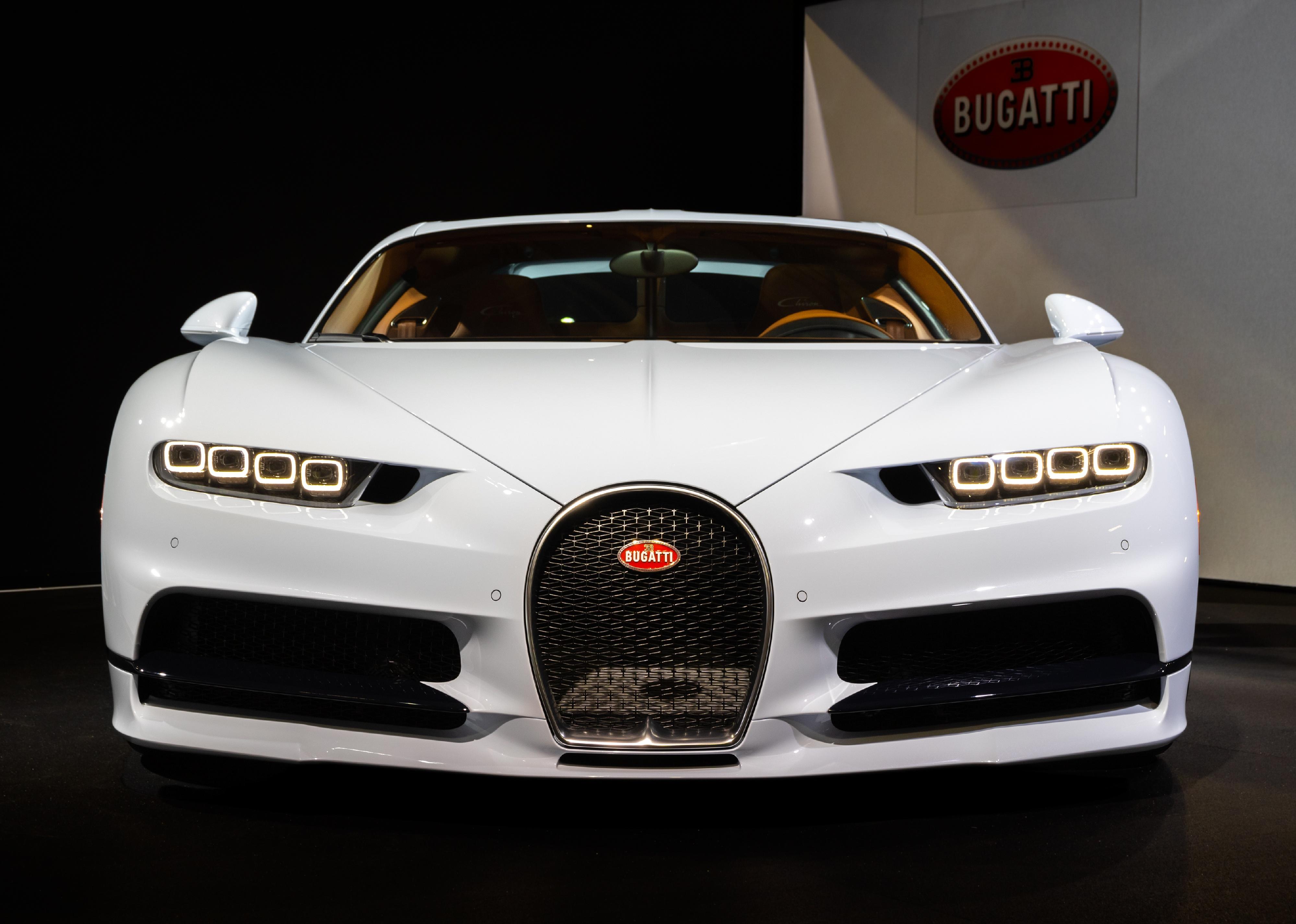 Bugatti Chiron 8.0 W16 DSG Sequential sports car showcased at the Paris Motor Show.