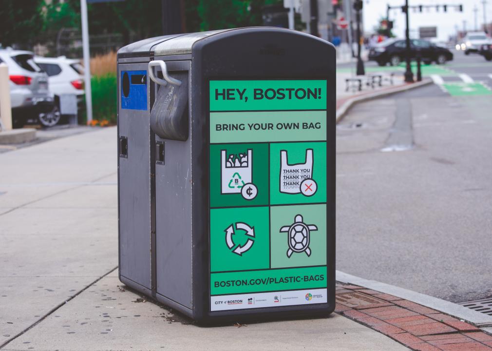 Recycling bins and trash can in Boston, Massachusetts