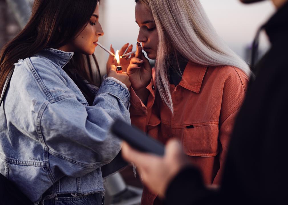 Two teenage girls standing outdoors and lighting cigarettes.