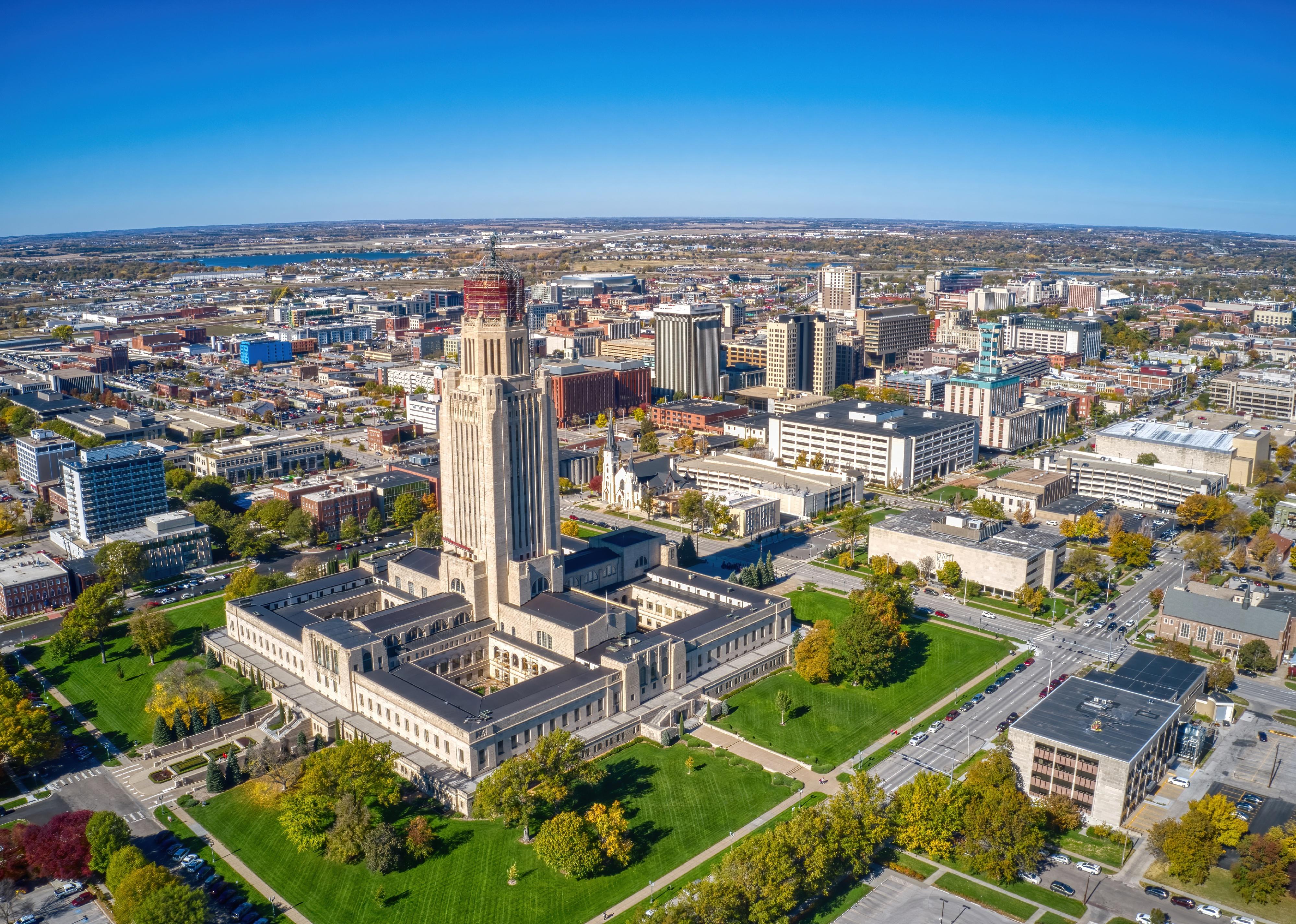 Aerial View of Lincoln, Nebraska in Autumn.