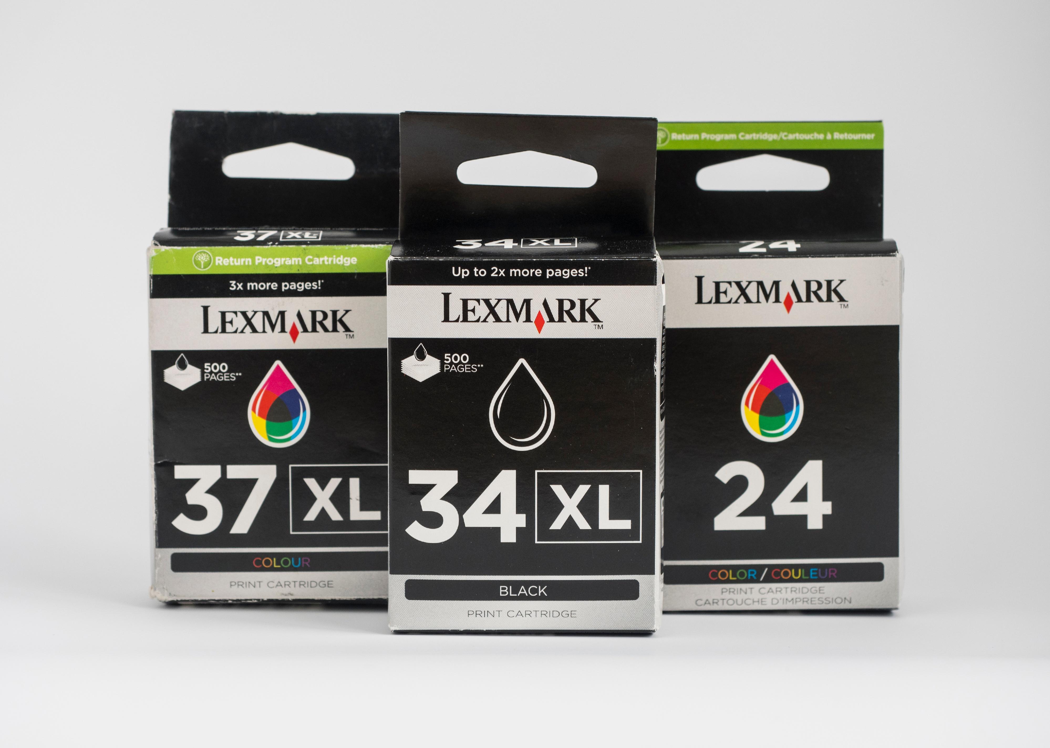 Lexmark ink cartridges in a box.