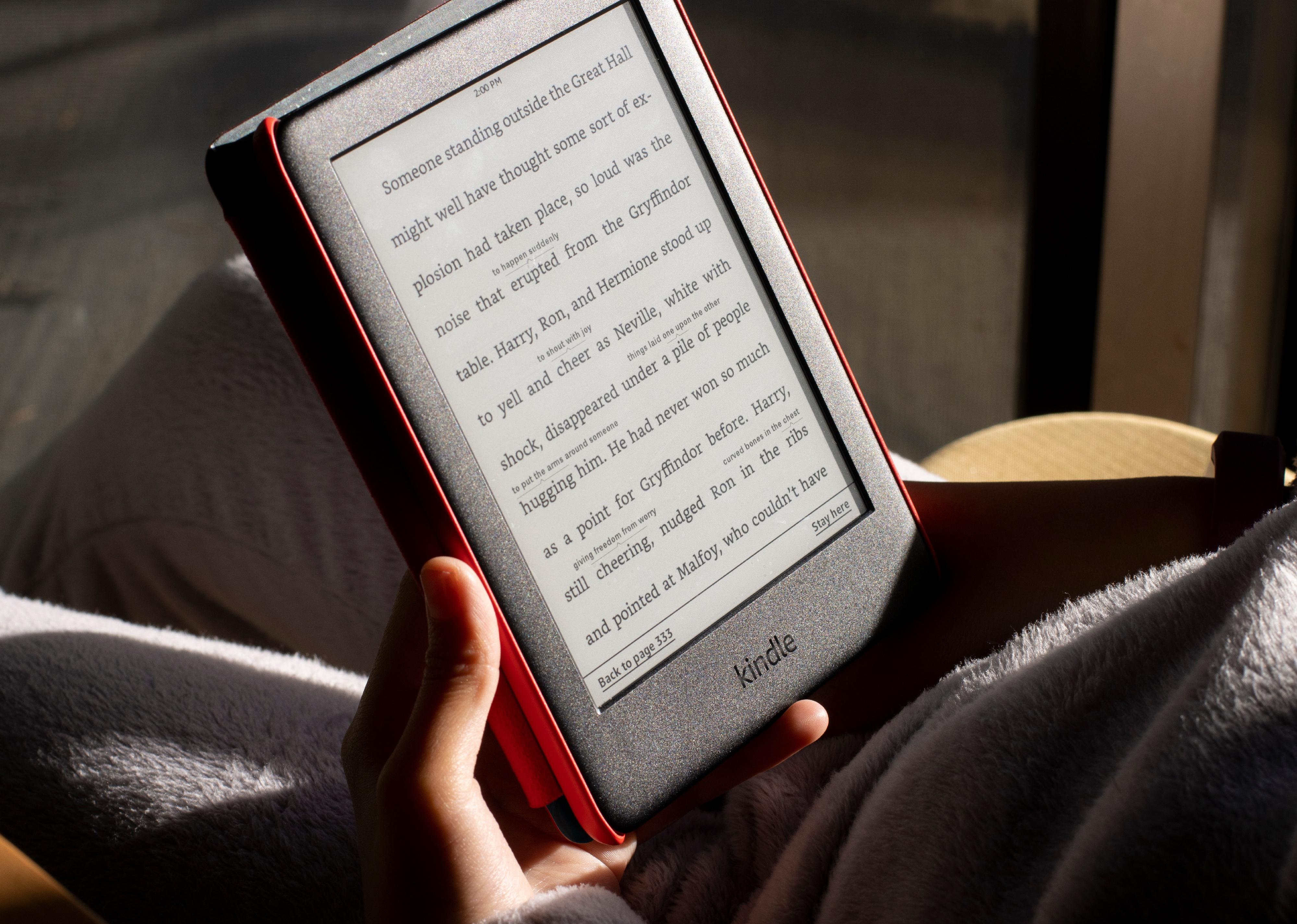 Close-up of a person holding a Kindle.