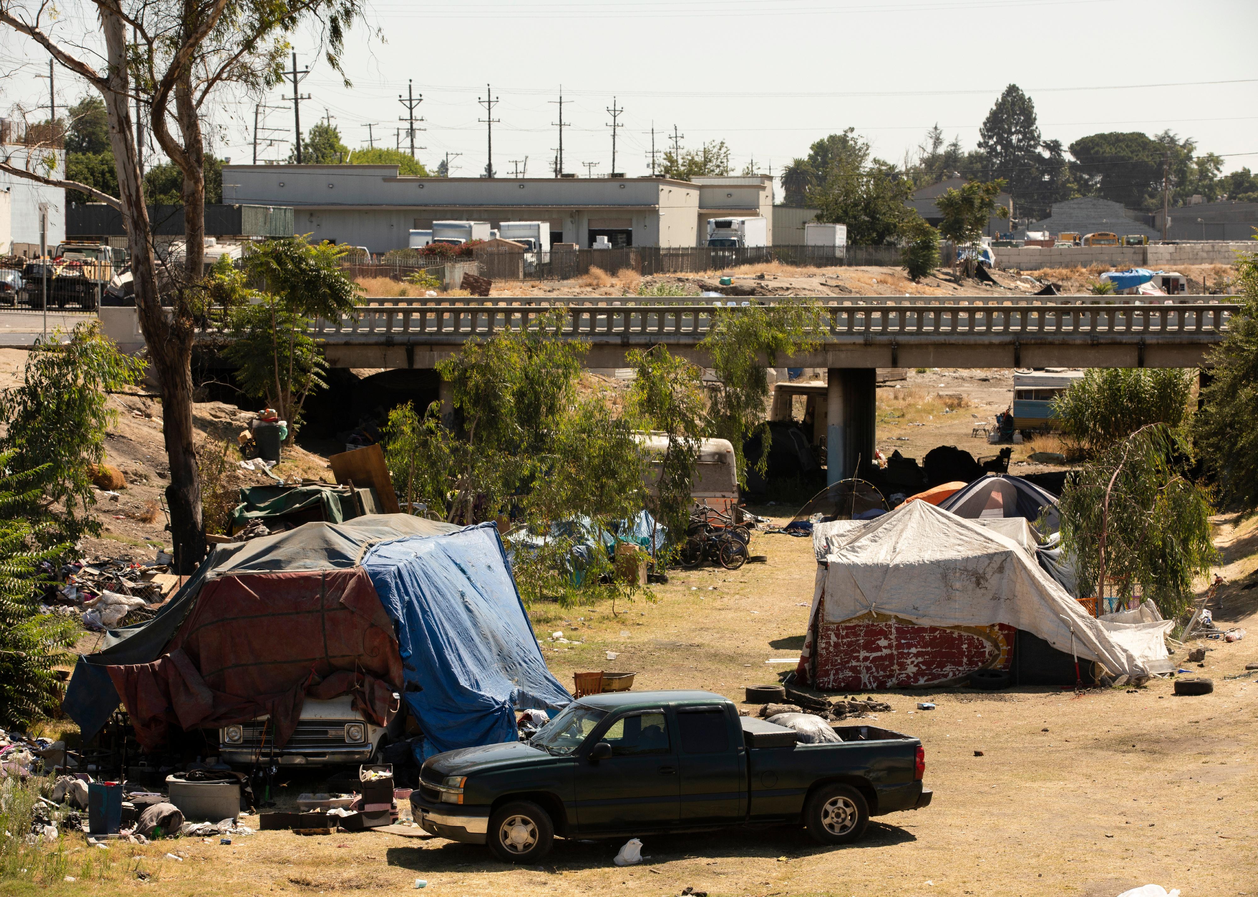 View of a homeless encampment in Stockton, California.